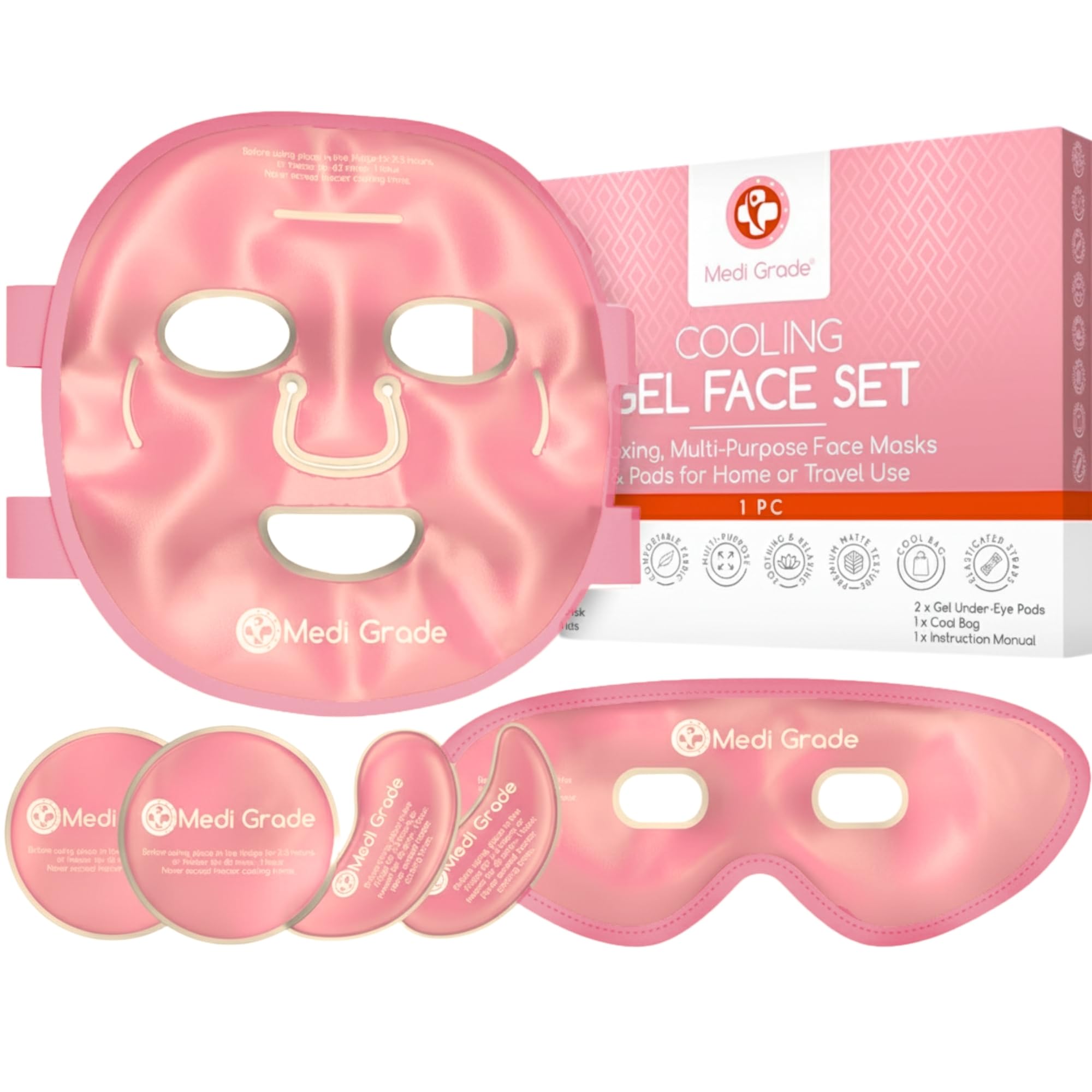 Medi Grade Face Ice Pack and Cooling Eye Mask Set, ChillGel Gel Mask Duo | Ice face mask and gel eye mask soothe puffy eyes, dark circles and migraines, cooling self care with storage bag