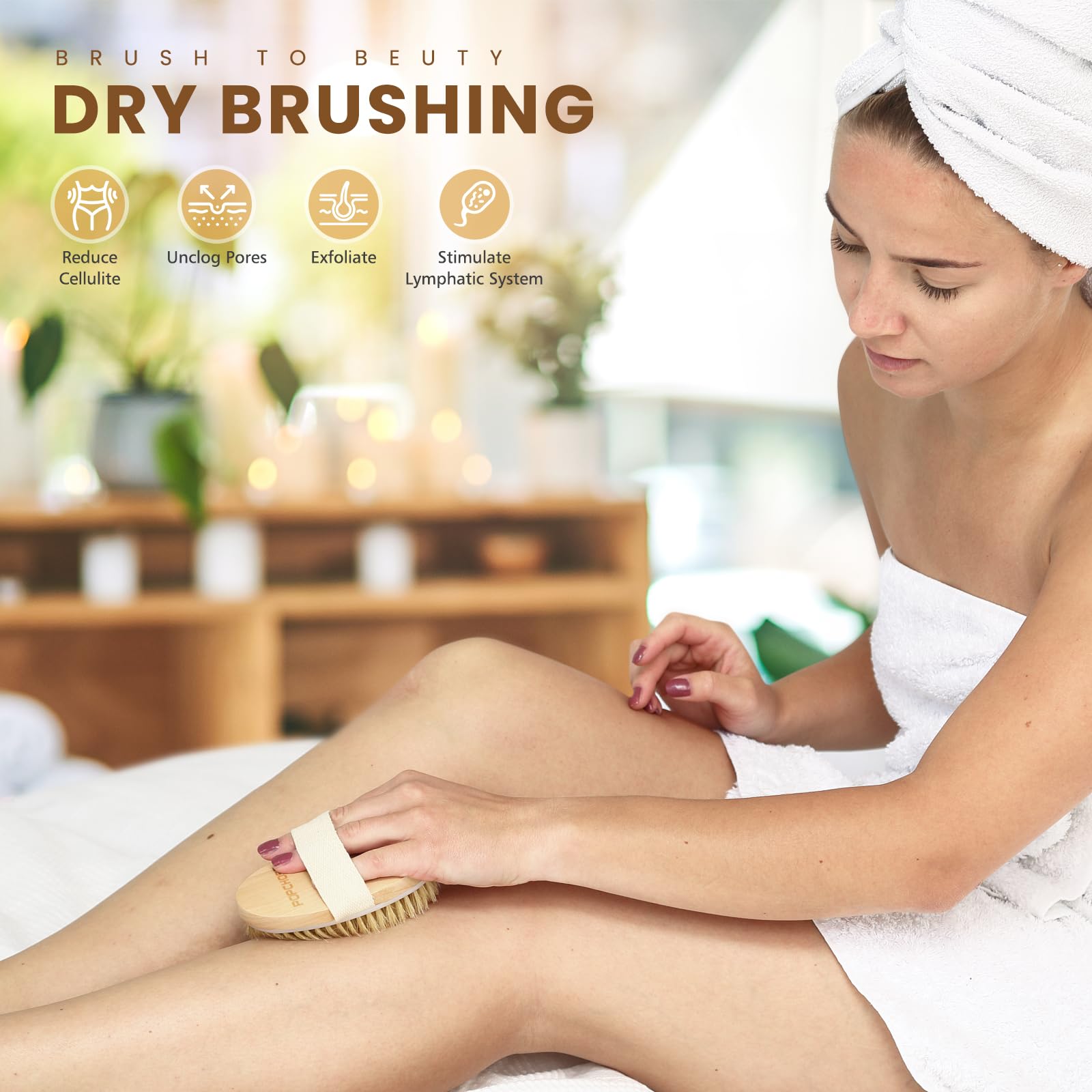 POPCHOSE Dry Brushing Body Brush, Natural Boar Bristle Exfoliating Brush | Body Scrub for Smoother Skin: Supports Cellulite Treatment, Lymphatic Drainage and Blood Circulation Improvement