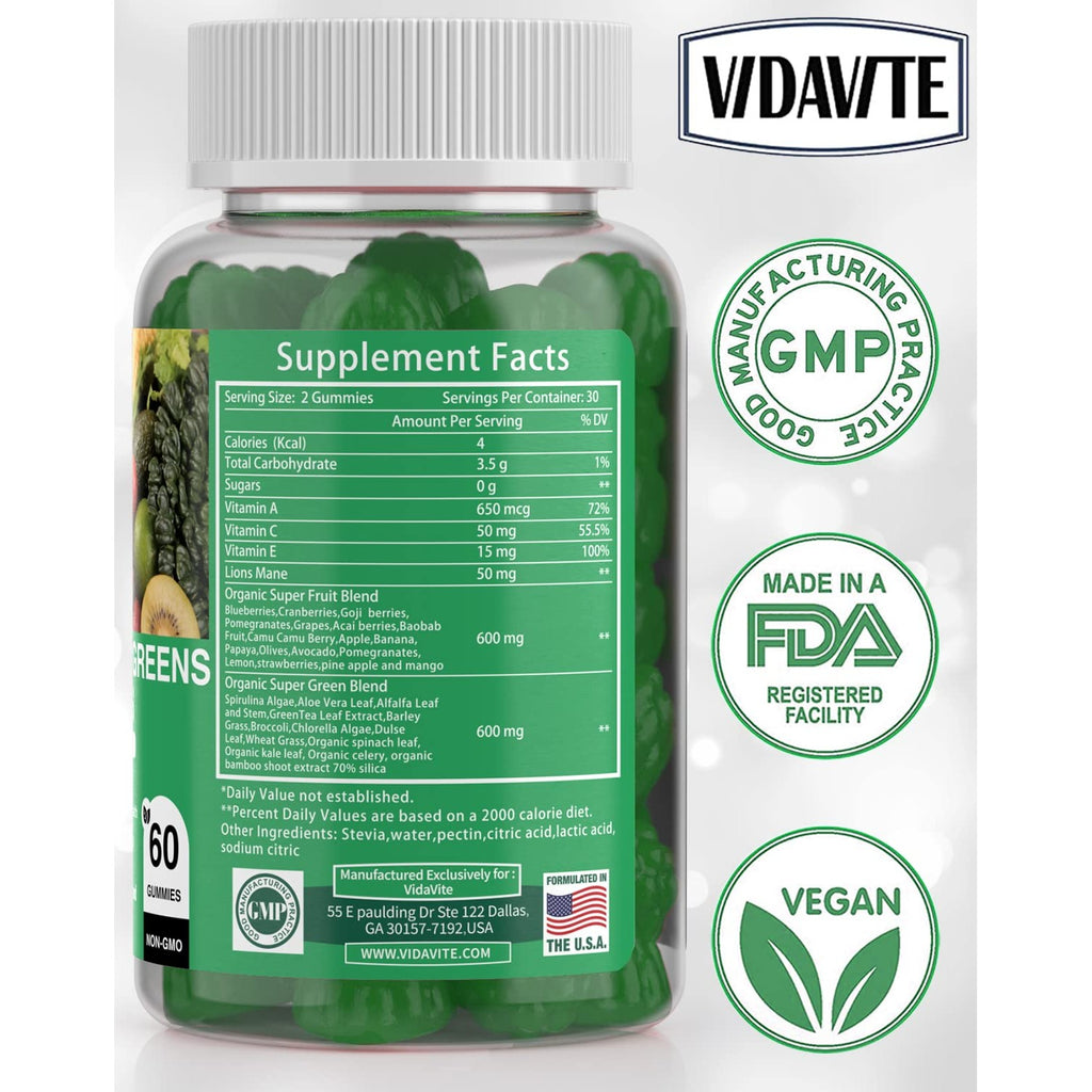 Sugar-Free Super Greens Gummies — Fruits and Veggies Supplement (30-Days) | US-Made, 35+ Greens, Veggie & Fruit Gummies to Boost Immunity, Skin & Gut Health - Ideal for Adults & Picky Teens(60 Gummies)
