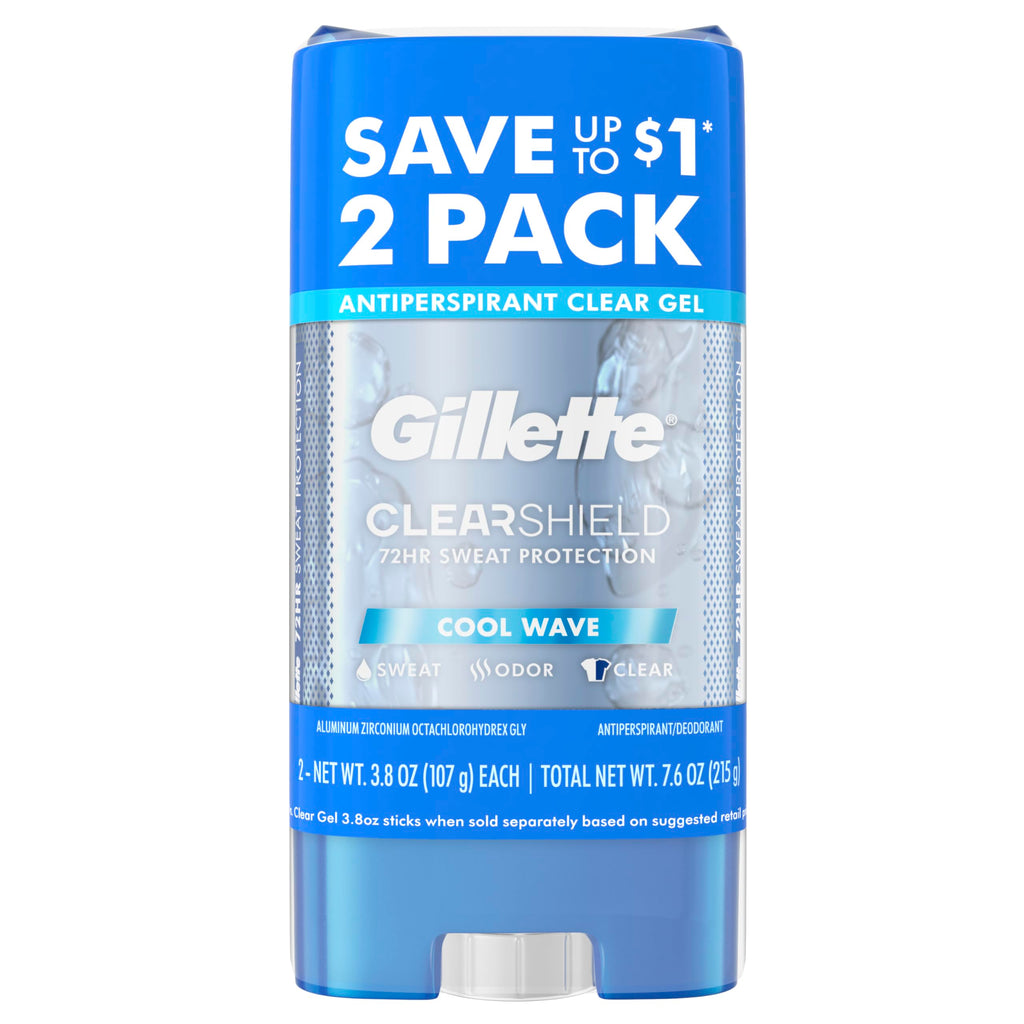 Buy now Gillette Antiperspirant and Deodorant for Men, 72hr Sweat & Odor Protection, Long Lasting Freshness, Anti-White Mark Technology, Clear Gel, Cool Wave Scent, 3.8 oz (Pack of 2) at indiglob india