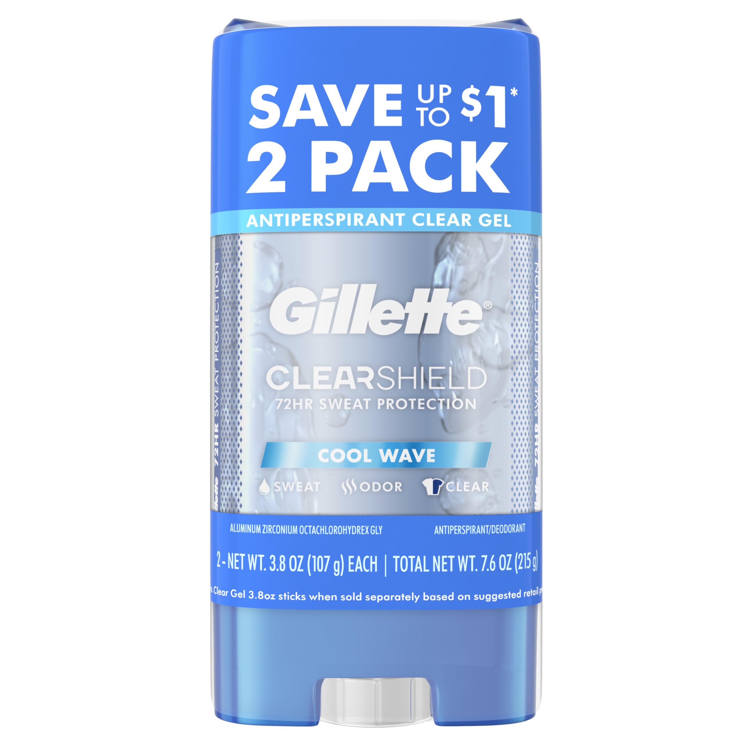 Buy now Gillette Antiperspirant and Deodorant for Men, 72hr Sweat & Odor Protection, Long Lasting Freshness, Anti-White Mark Technology, Clear Gel, Cool Wave Scent, 3.8 oz (Pack of 2) at indiglob india