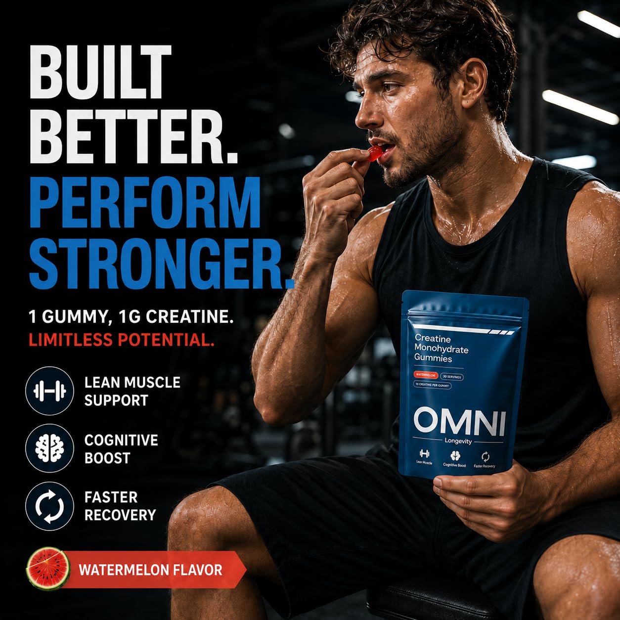Creatine Monohydrate Gummies for Women & Men | Convenient & Easy to Take | Great Tasting Watermelon Flavor | 1g per Gummy, Low Sugar | 90 Count