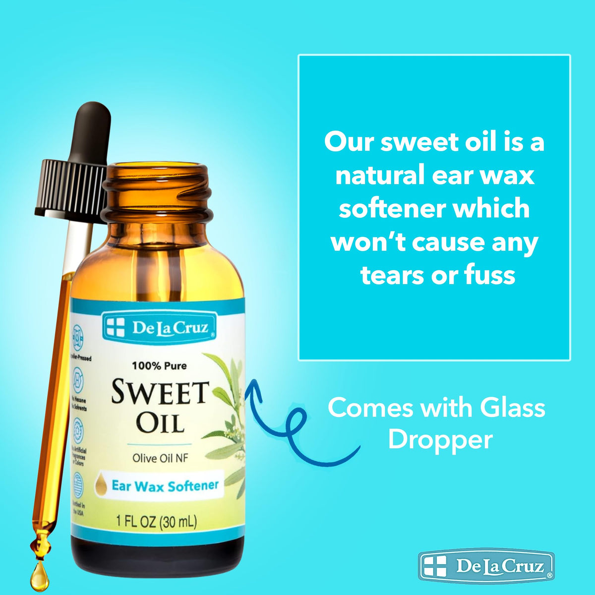 De La Cruz Sweet Oil, Ear Oil, Natural Ear Wax Softener, 1 fl. oz (30 mL)