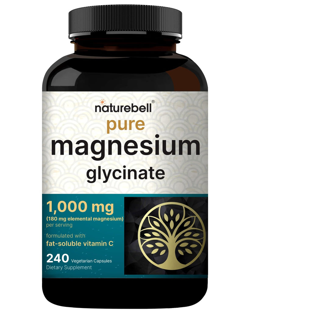 NatureBell Pure Magnesium Glycinate 1,000 mg, 240 Vegetarian Capsules | 1,000 mg Magnesium Glycinate Per Serving - Chelated Magnesium Form with Vitamin C – Non-GMO, Filler Free, cGMP Manufactured