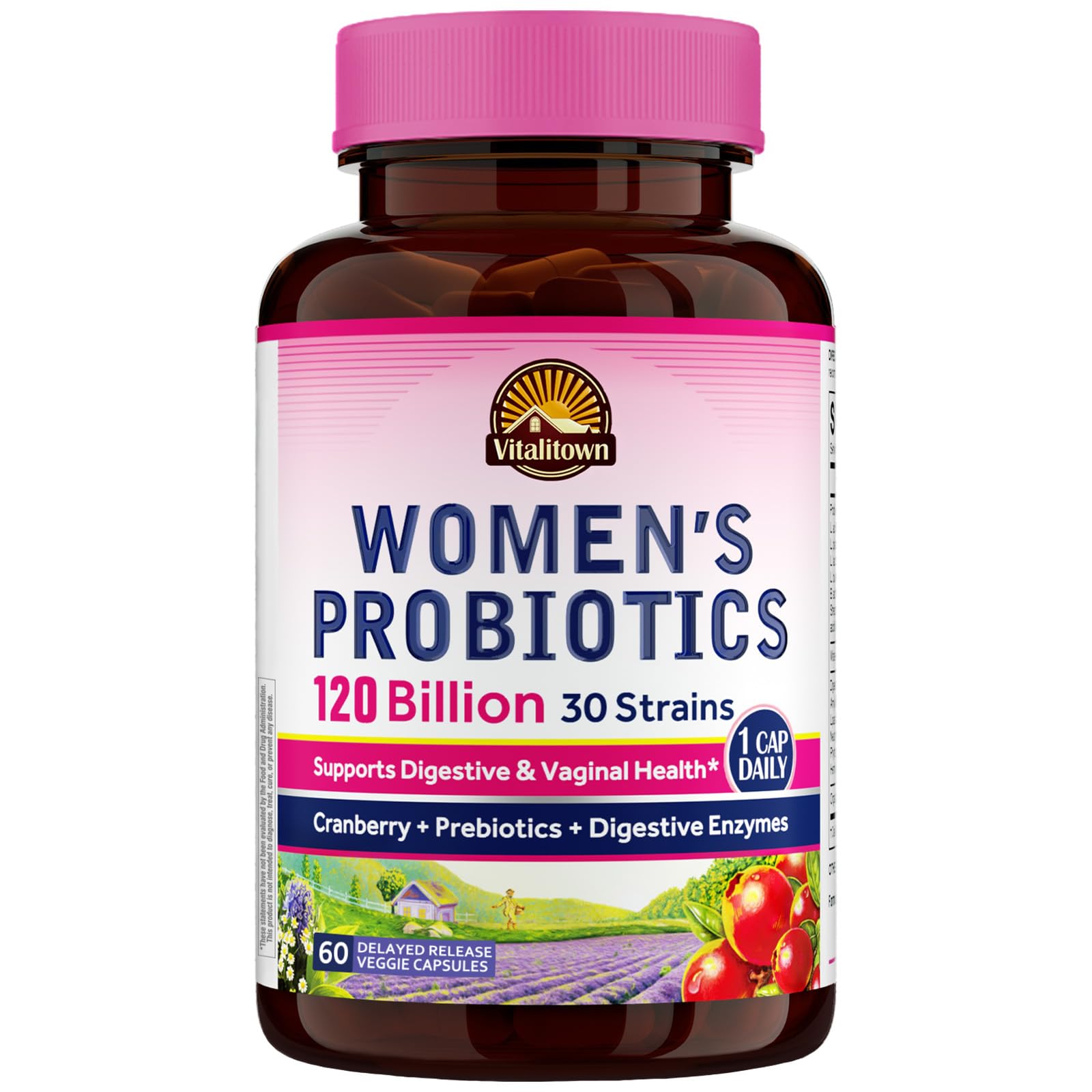 Vitalitown Probiotics for Women 120 Billion CFUs, 30 Strains, with Prebiotics & Digestive Enzymes & Cranberry, Gut & Vaginal Health, Vegan 30 (Pack of 1) Delayed Release Caps