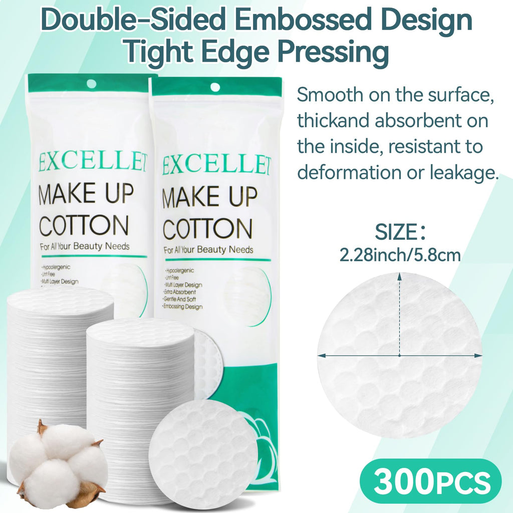 300PCS Cotton Rounds - Lint Free Cotton Pads for Face & Makeup Removal