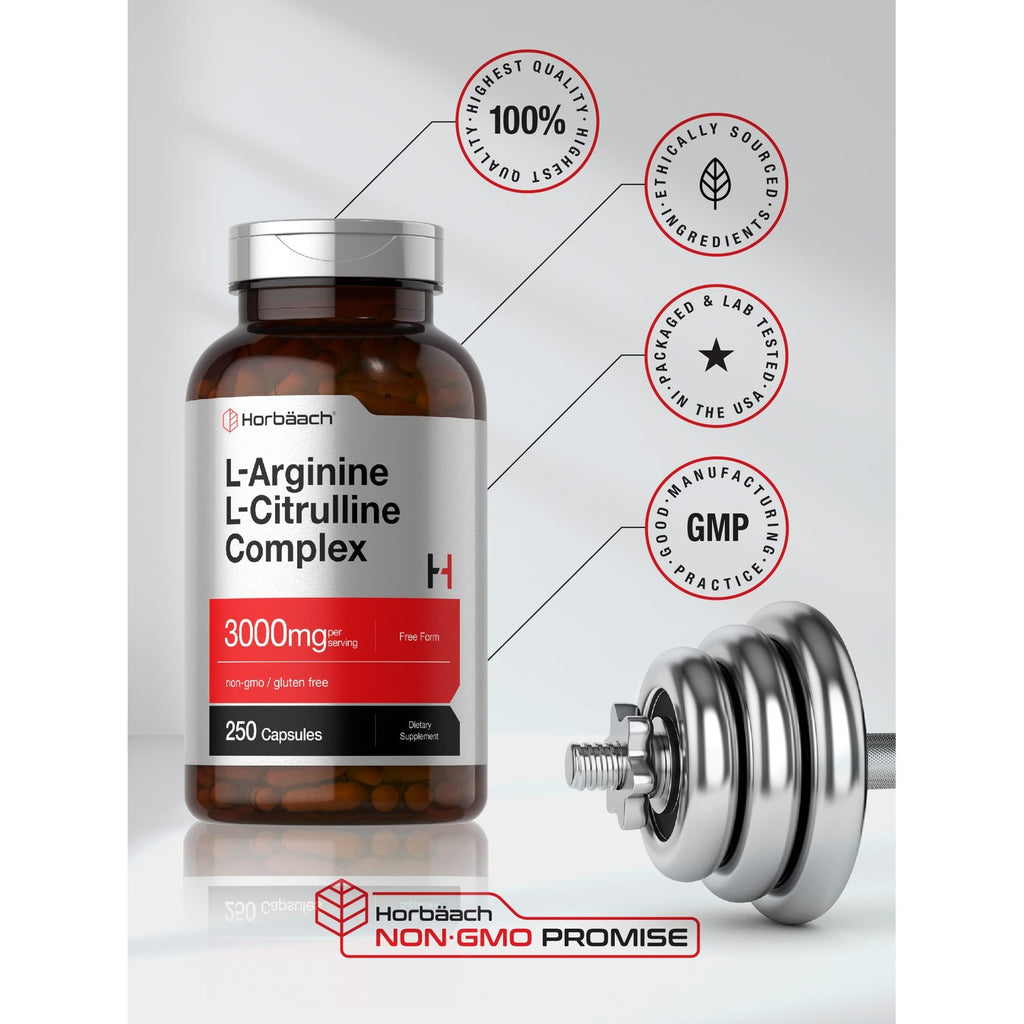 Horbäach L-Arginine L-Citrulline Complex | 3000mg | 250 Capsules | Non-GMO, Gluten Free Supplement