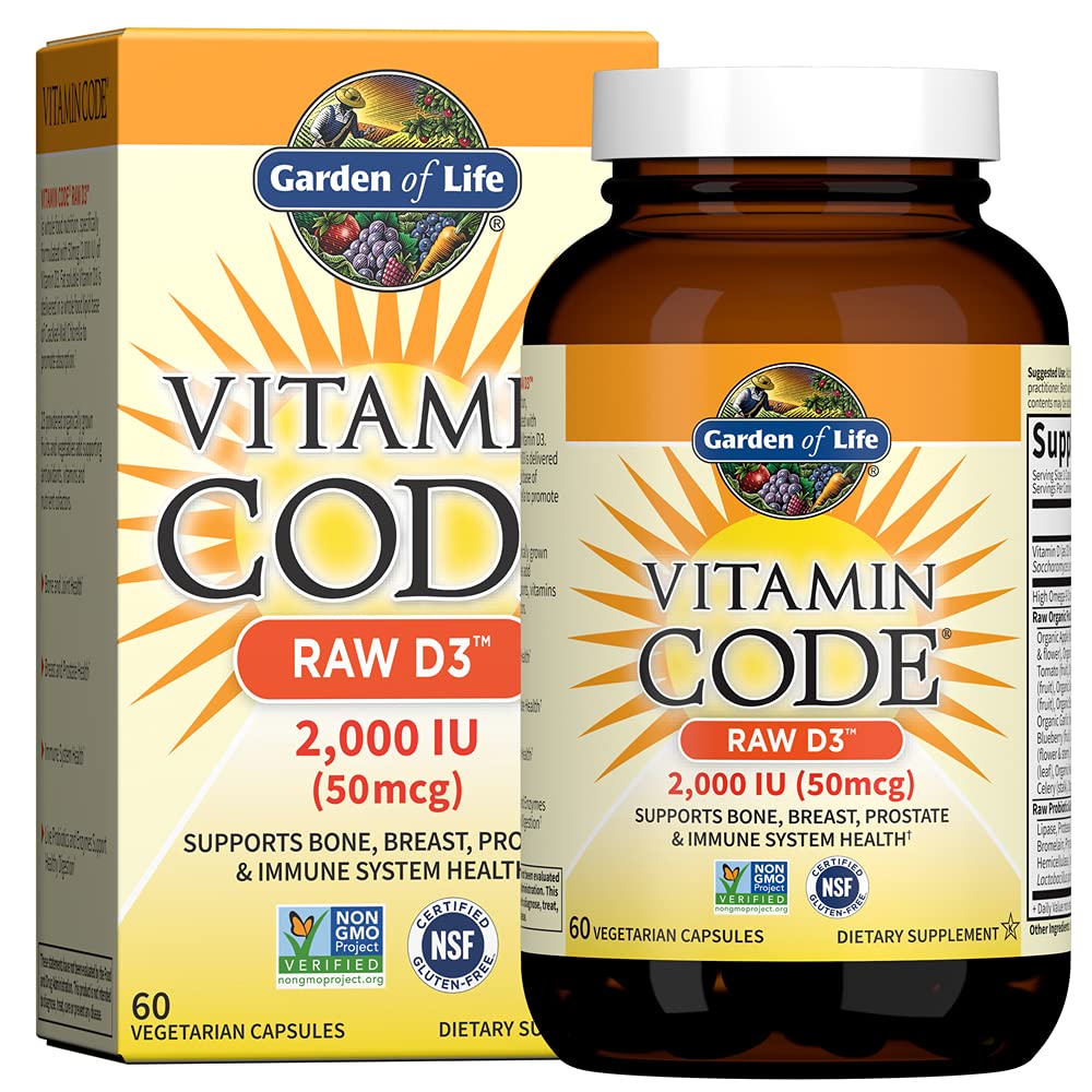 Garden of Life Vitamin D, Vitamin Code Raw D3, Vitamin D 2,000 IU, Raw Whole Food D3 Supplements with Chlorella, Fruit, Veggies & Probiotics for Bone & Immune Health, 60 Vegetarian Capsules