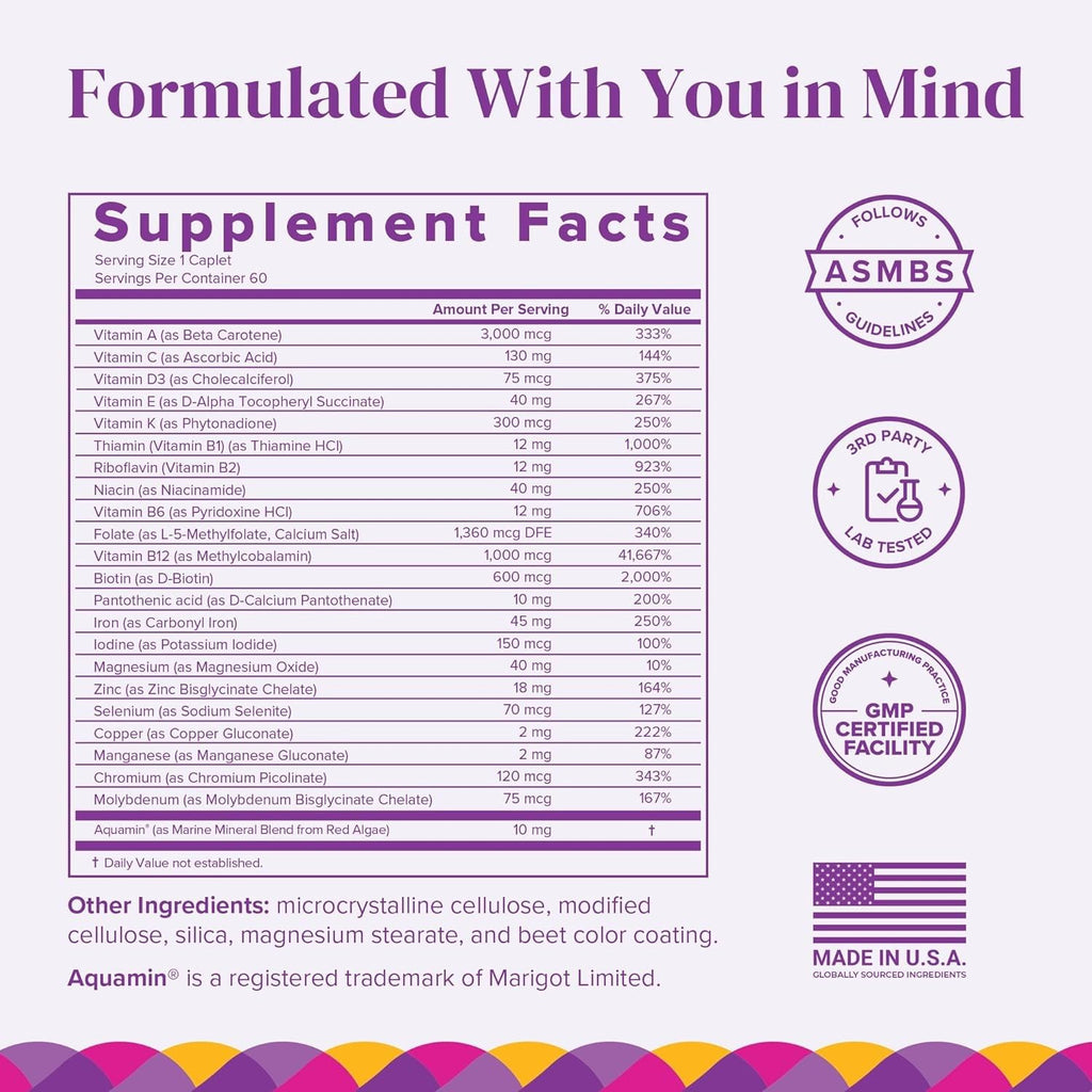 BariMelts Once Daily Bariatric Multivitamin with Iron, 120 Caplets | Easy-Swallow Caplets, Multivitamin for Women, Multimineral Complex Supports Nutrition After Bariatric Surgery