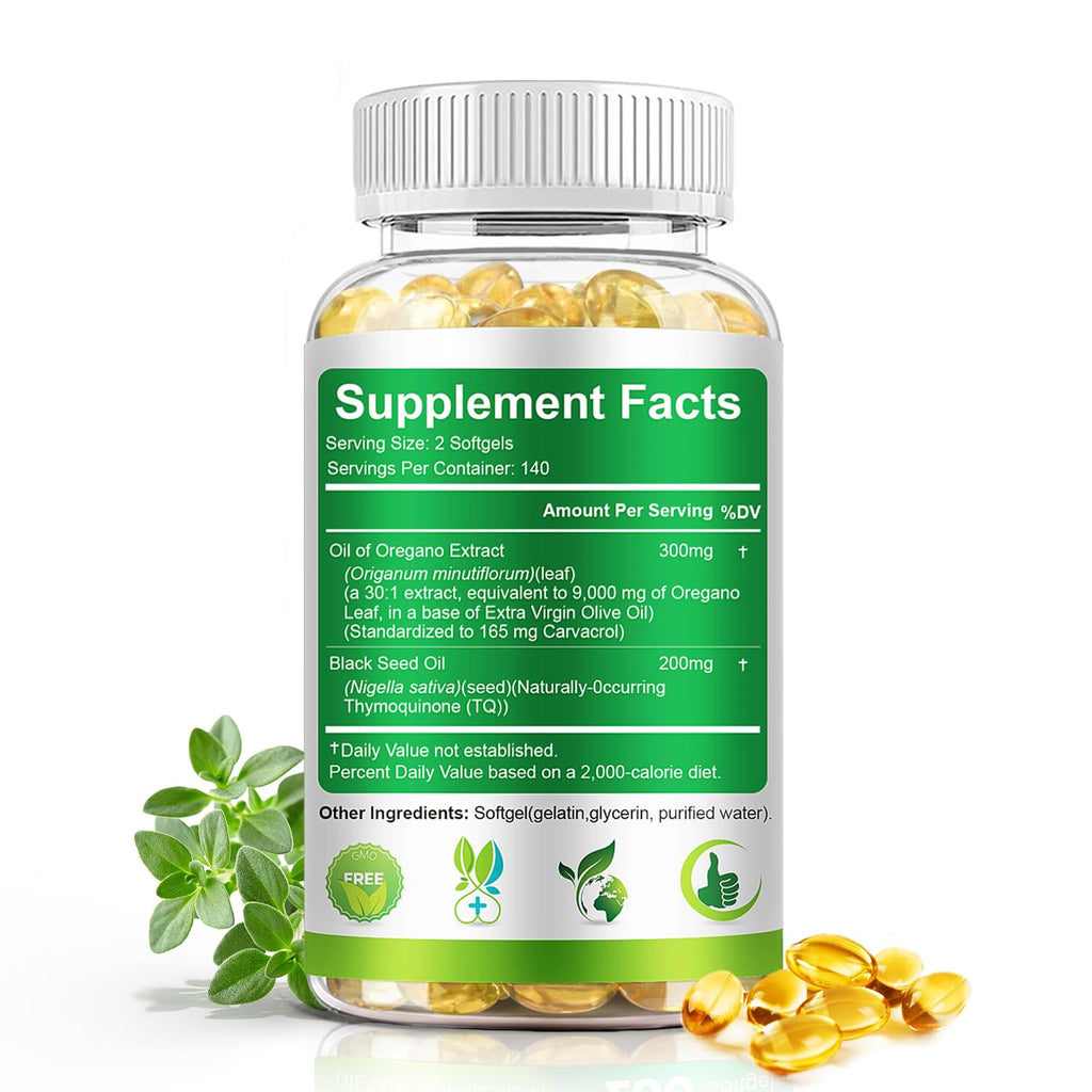 BEWORD Oil of Oregano with Black Seed Oil, 560 Softgels, 9000mg Per Serving | 2-in-1 Oregano Supplement for Immune Health with High Carvacrol & Thymoquinone | Plant-Based, Non-GMO