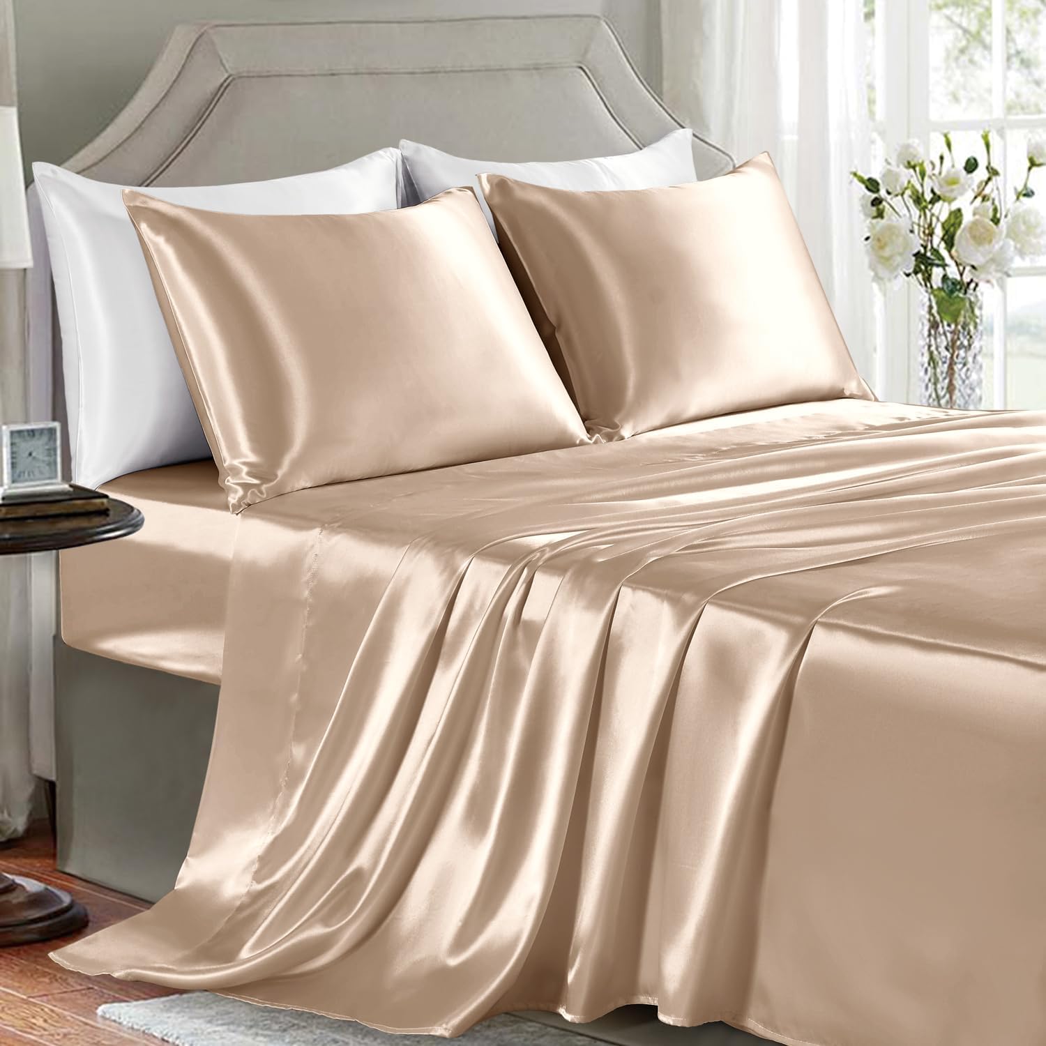 Buy now Satin Sheets King Size - 4 Pieces Luxury Silky Soft Bed Sheets, Wrinkle-Free Gold Satin Silk Sheet Set with 1 Deep Pocket Fitted Sheet, 1 Flat Sheet, 2 Pillow Cases Full Champagne at indiglob india