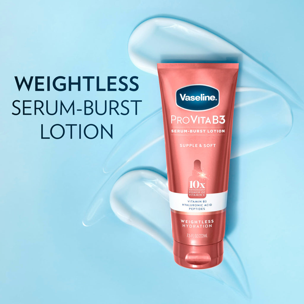 Vaseline Pro VitaB3 Serum Burst Body Lotion Supple & Soft 7.5oz | Body moisturizer for dull-looking skin with Vitamins C, E, Niacinamide, Hyaluronic Acid and Peptides for healthy glow