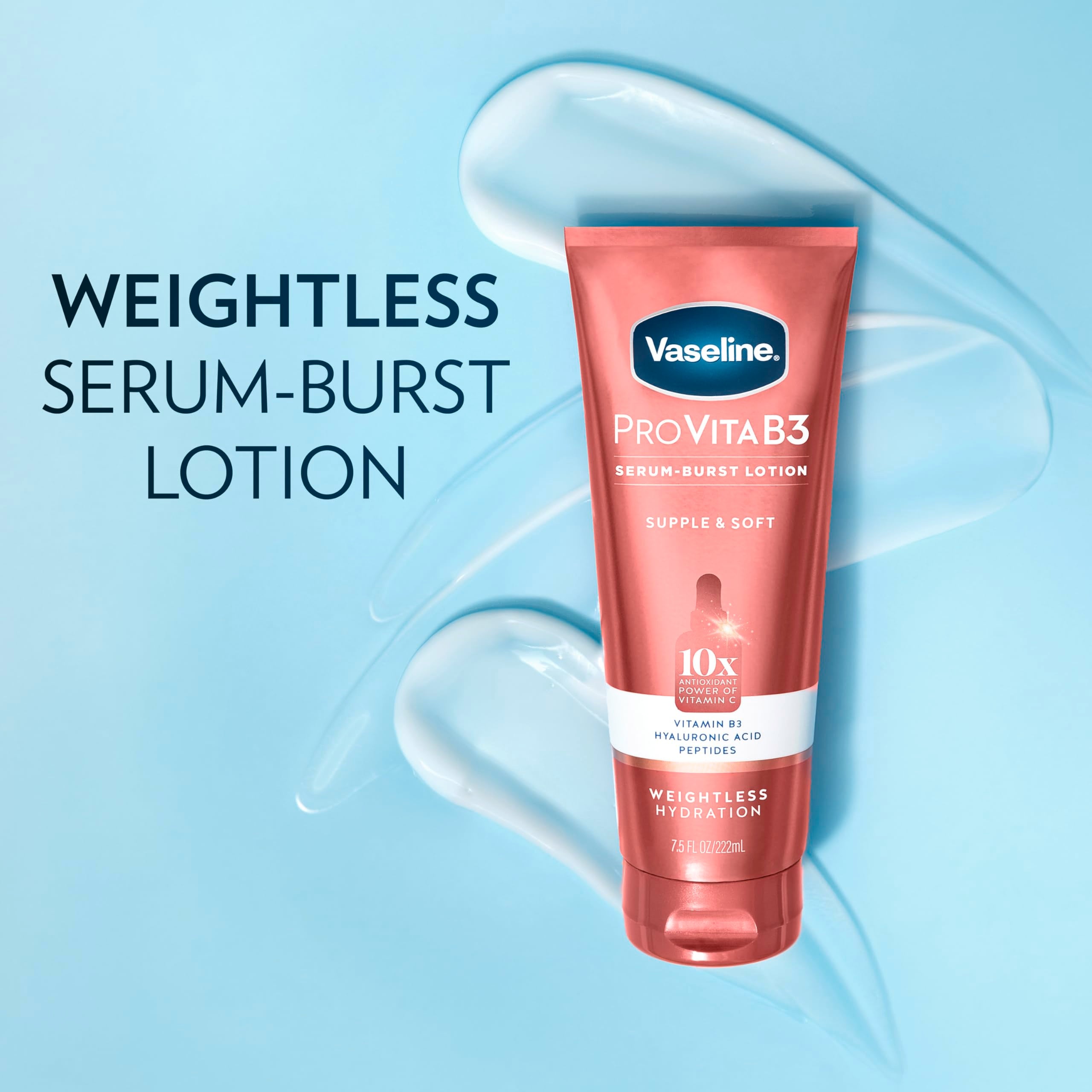 Vaseline Pro VitaB3 Serum Burst Body Lotion Supple & Soft 7.5oz | Body moisturizer for dull-looking skin with Vitamins C, E, Niacinamide, Hyaluronic Acid and Peptides for healthy glow