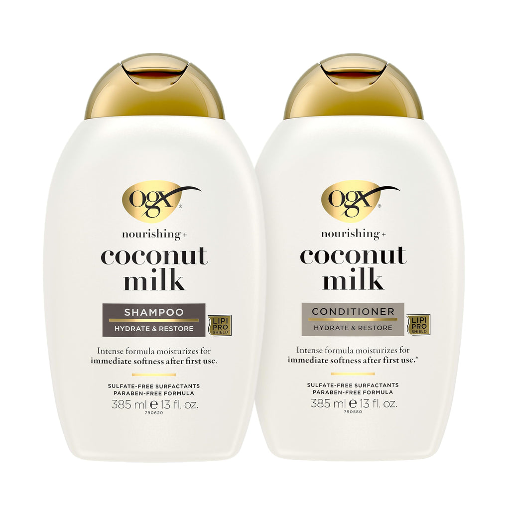 OGX Nourishing + Coconut Milk Shampoo & Conditioner Set, 2 x 13 fl. oz | Hydrates & Softens Hair, Lipi Pro Shield Technology, Creamy Coconut Milk, White Peach & Shea Butter Scent