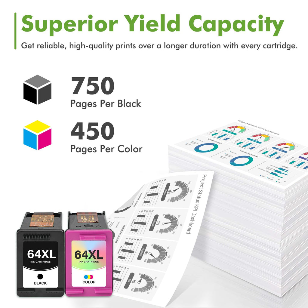 64 64XL Black and Color Ink Cartridges Combo Pack for HP 7855 7900e Printer