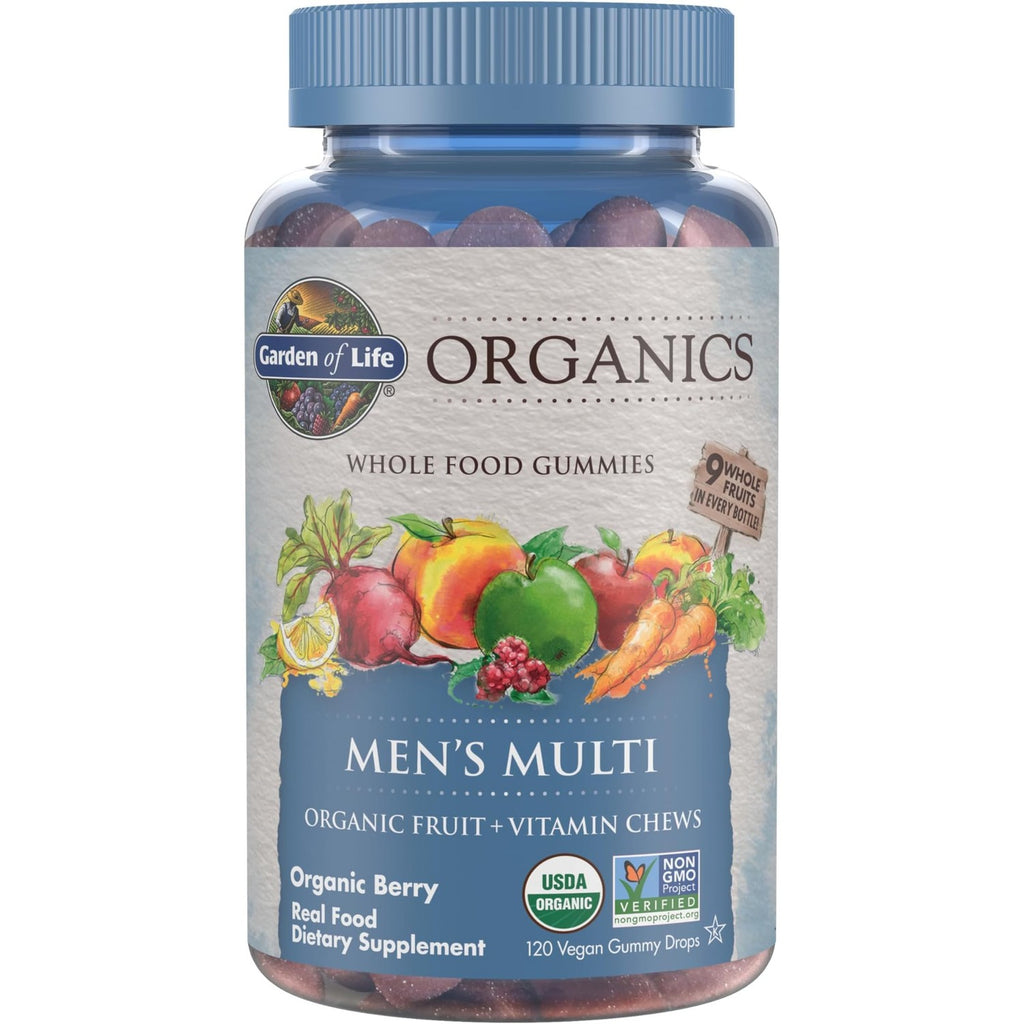 Garden of Life Organics Men's Gummy Vitamins - Berry - Certified Organic, Non-GMO, Vegan, Kosher Complete Multi - Methyl B12, C & D3 - Gluten, Soy & Dairy Free, 120 Real Fruit Chew Gummies