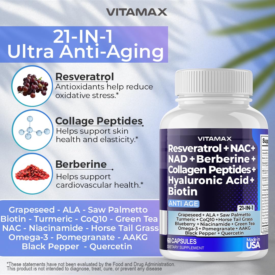 Resveratrol NAD+ Berberine Hyaluronic Acid - Biotin Grape & Blueberry + NAC - Collagen Peptides - Hair, Nail, Skin & Joint Supplement - 21-in-1 Women and Men - Made in USA (60 Count (Pack of 1)