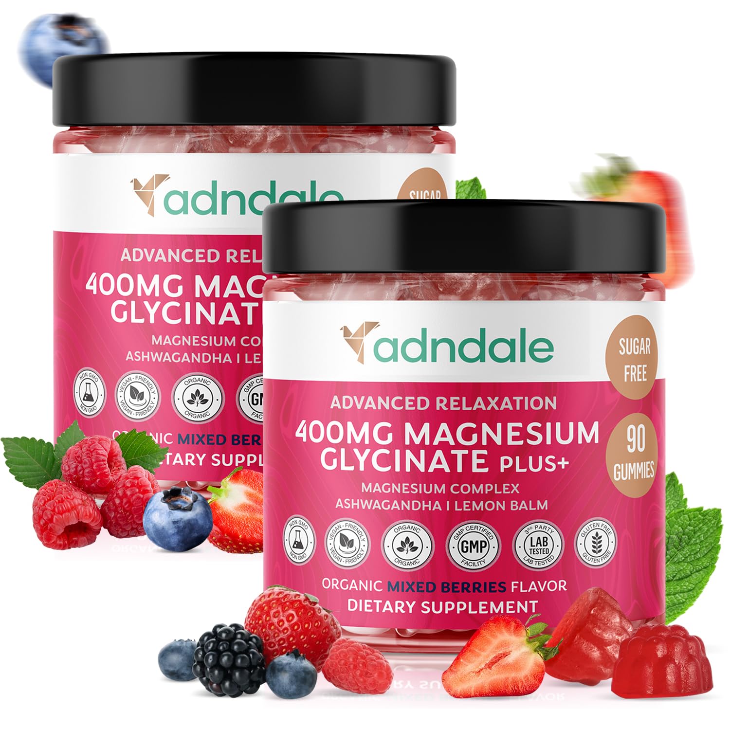 Adndale Magnesium Glycinate 400 mg Gummies with Ashwagandha, Magnesium Malate & Taurate, Tart Cherry, Magnolia Bark, Lemon Balm, Passionflower, Chamomile, L-Theanine, Zinc, Vitamin K2 & D3. 180CT