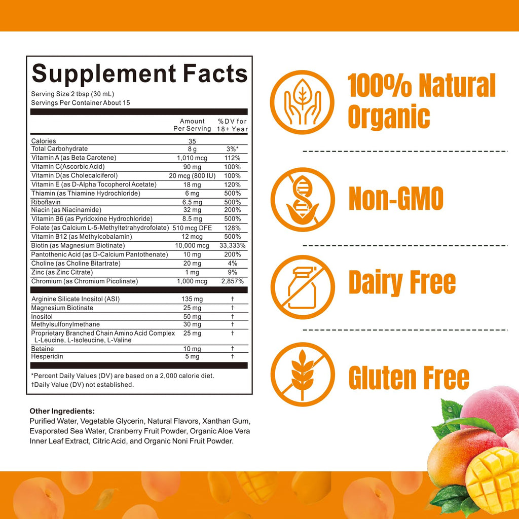 Liquid Multivitamin for Hair Growth | Biotin 10000mcg | Hair & Skin Support Supplement | Clinically Tested for Thicker Hair & Skin Elasticity | Suitable for Women & Men, Ages 18+ | 15.22 Fl Oz (2)