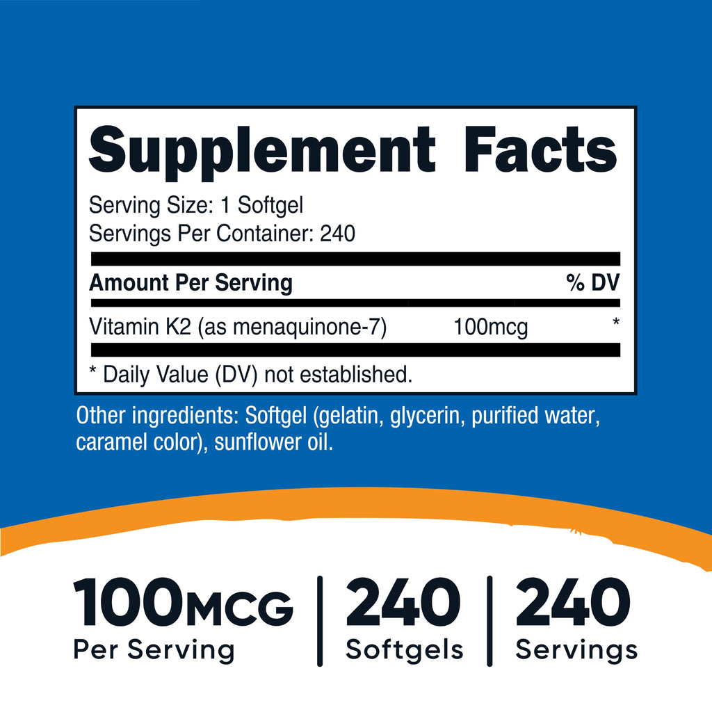 Nutricost Vitamin K2 MK-7 100 mcg, 240 Softgels, Gluten Free, GMO-Free | MK7