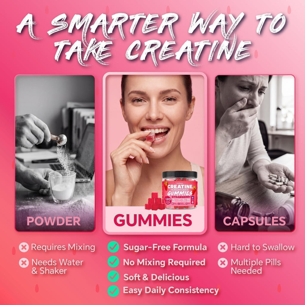 Creatine Monohydrate Gummies 5000mg for Women & Men, Strawberry, 120 Count