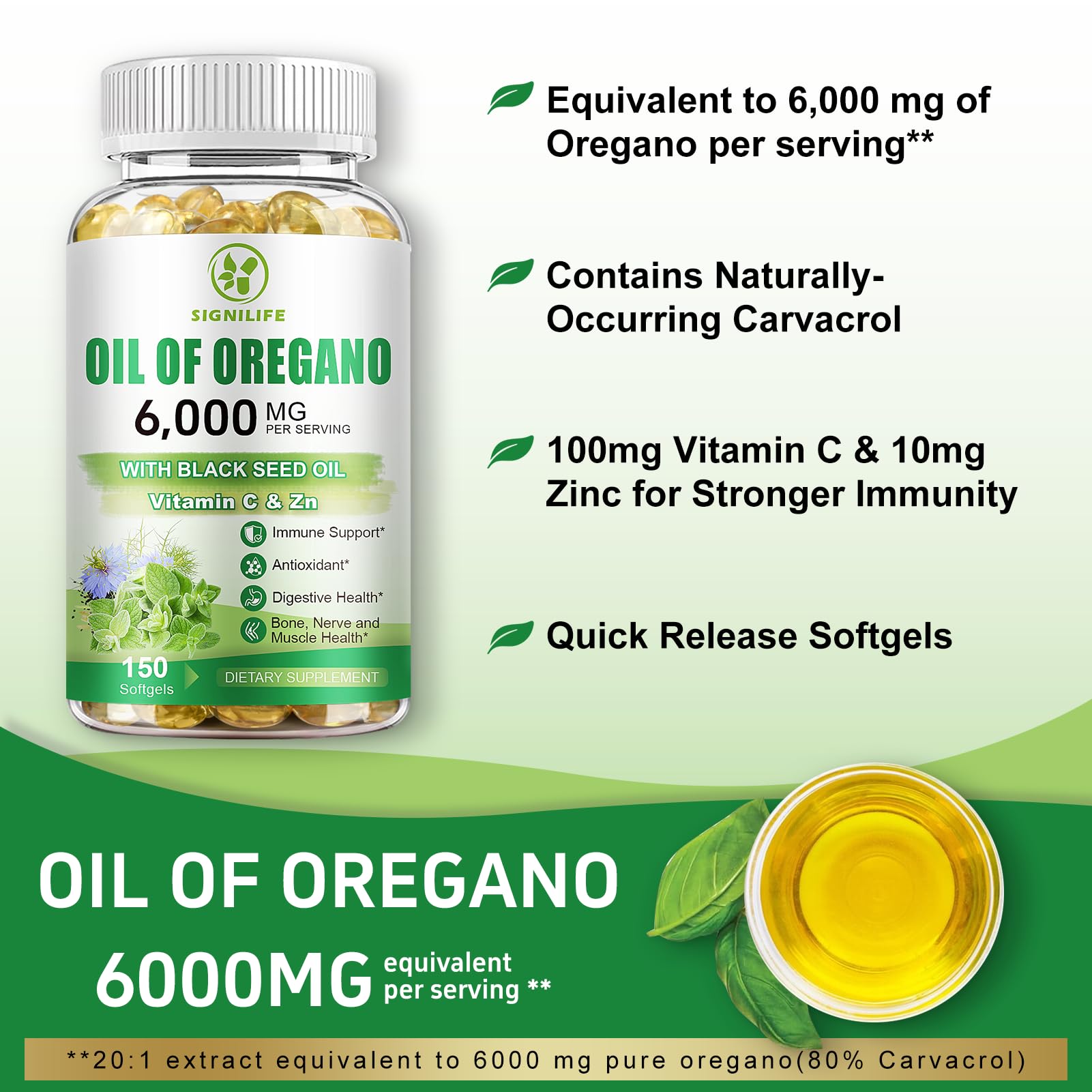 Oil of Oregano with Black Seed Oil, 6000mg/Serving, 150 Softgels | Oregano Oil Capsules for Immune Support with High Carvacrol & Thymoquinone, Antioxidant, Non-GMO, Gluten Free
