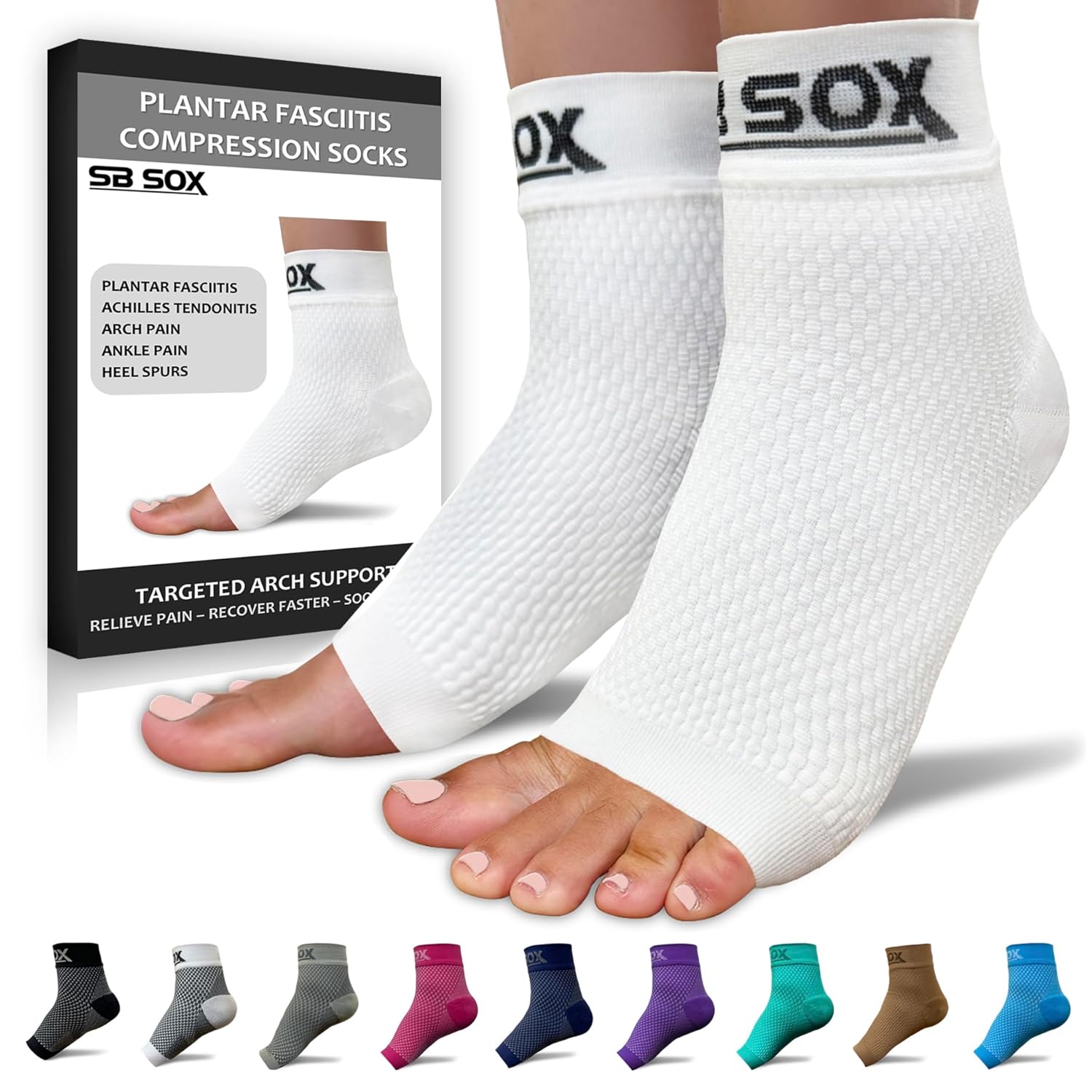 Buy now SB SOX Plantar Fasciitis Relief Socks â€“ Ankle Brace Compression Sleeve â€“ Arch Support for Foot Pain, Swelling, Heel Spurs â€“ Foot Brace for Achilles Tendonitis Relief, Injury Recovery (Blue, Medium) Large Solid White at indiglob india