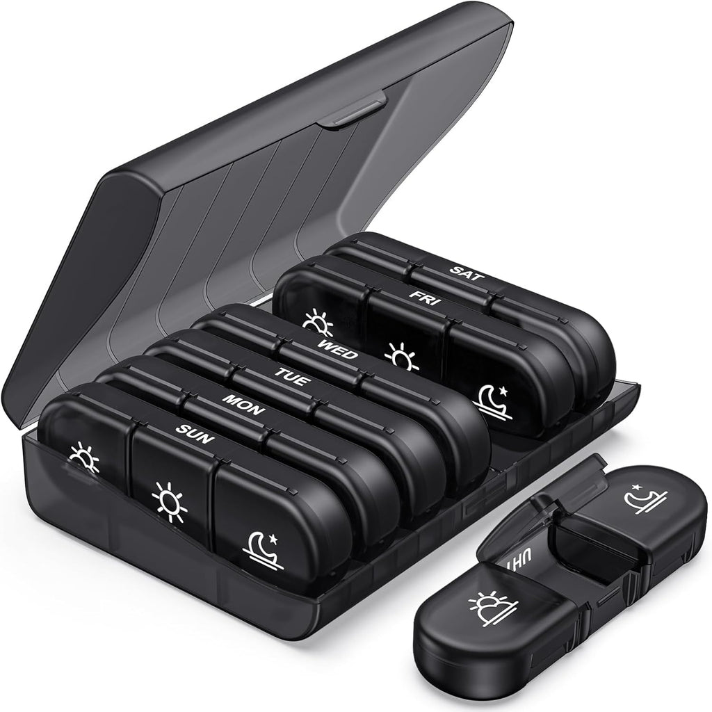 Buy now PULIV Weekly Pill Organizer 3 Times a Day, Portable Travel Pill Box 7 Day with Large Pill Containers, Light-Proof Pill Case for Vitamins, Medication, Supplements and Fish Oils (Black) at indiglob india