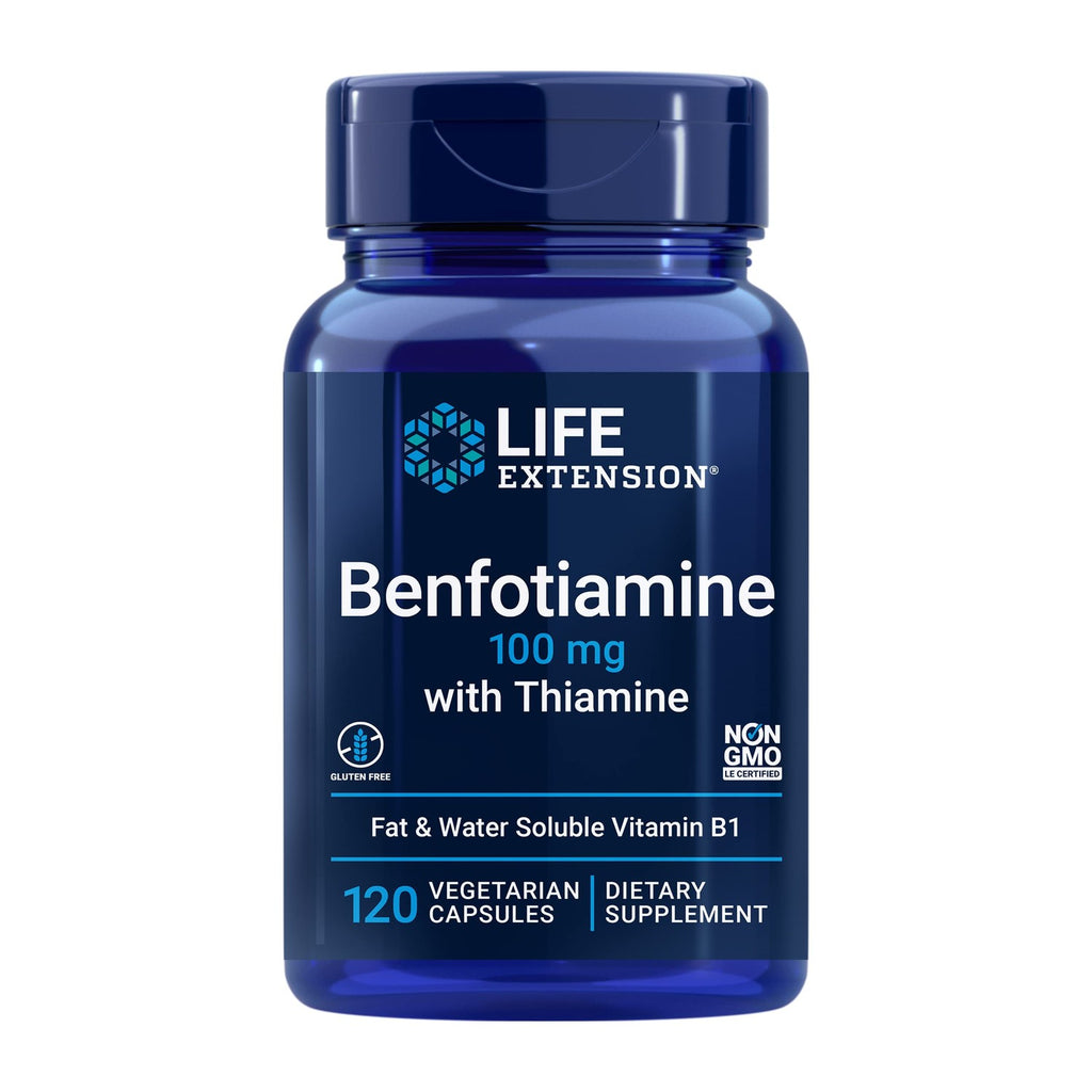 Life Extension Benfotiamine with Thiamine, 100 mg benfotiamine, Cardiovascular Health, Brain Health, Non-GMO, Gluten-Free, 120 Vegetarian Capsules