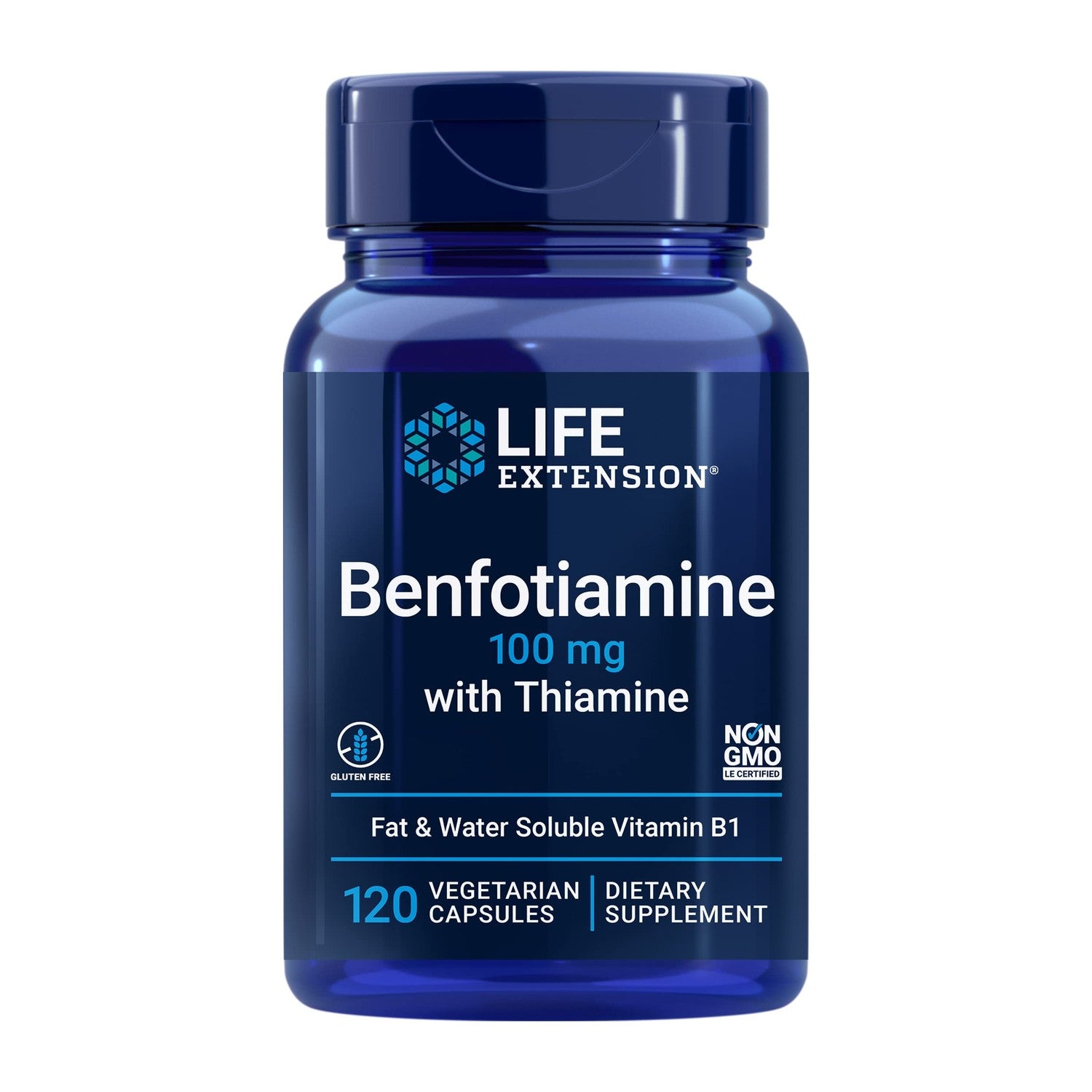 Life Extension Benfotiamine with Thiamine, 100 mg benfotiamine, Cardiovascular Health, Brain Health, Non-GMO, Gluten-Free, 120 Vegetarian Capsules