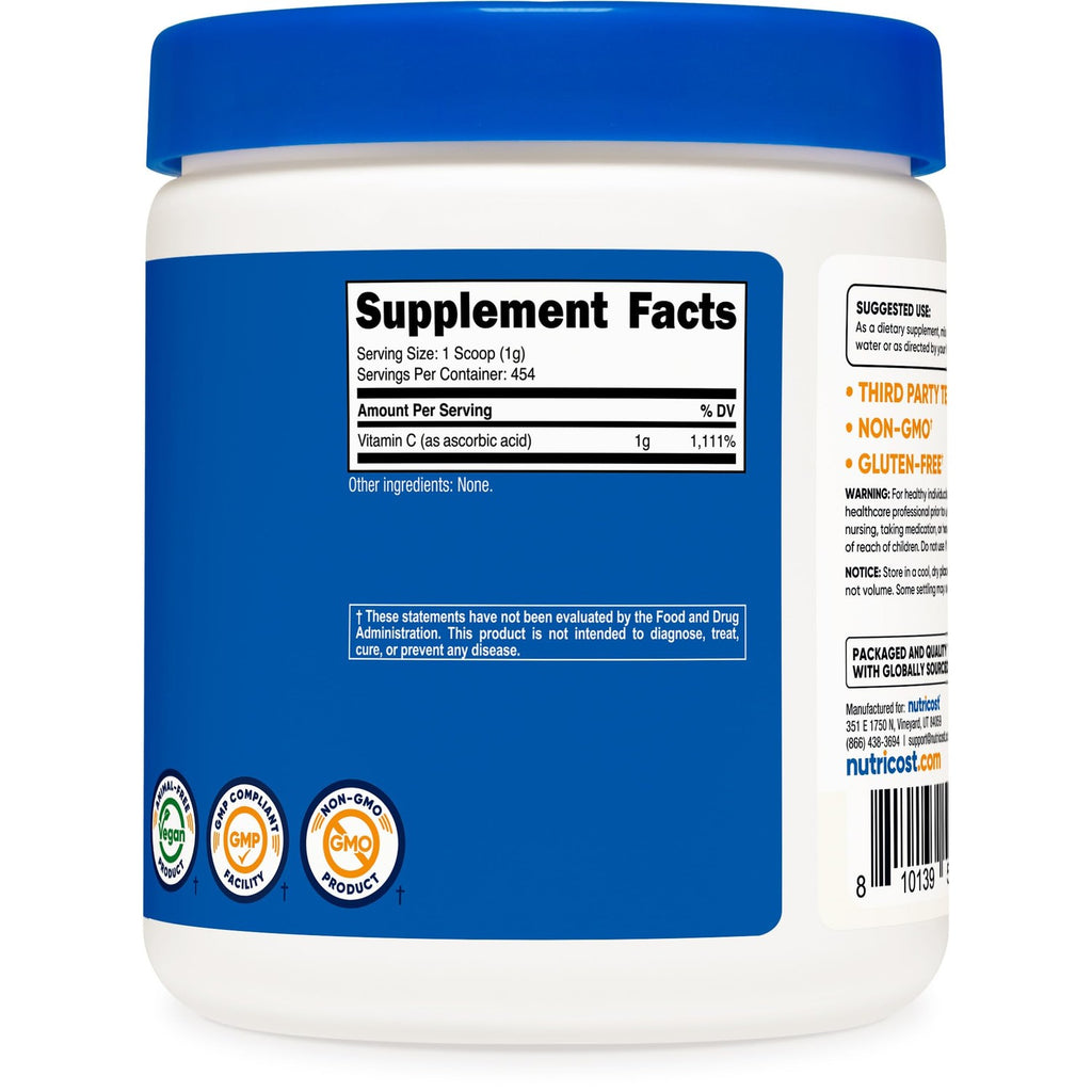 Nutricost Pure Ascorbic Acid Powder (1LB) Unflavored, Vitamin C Powder | 1g Per Serving, 454 Servings