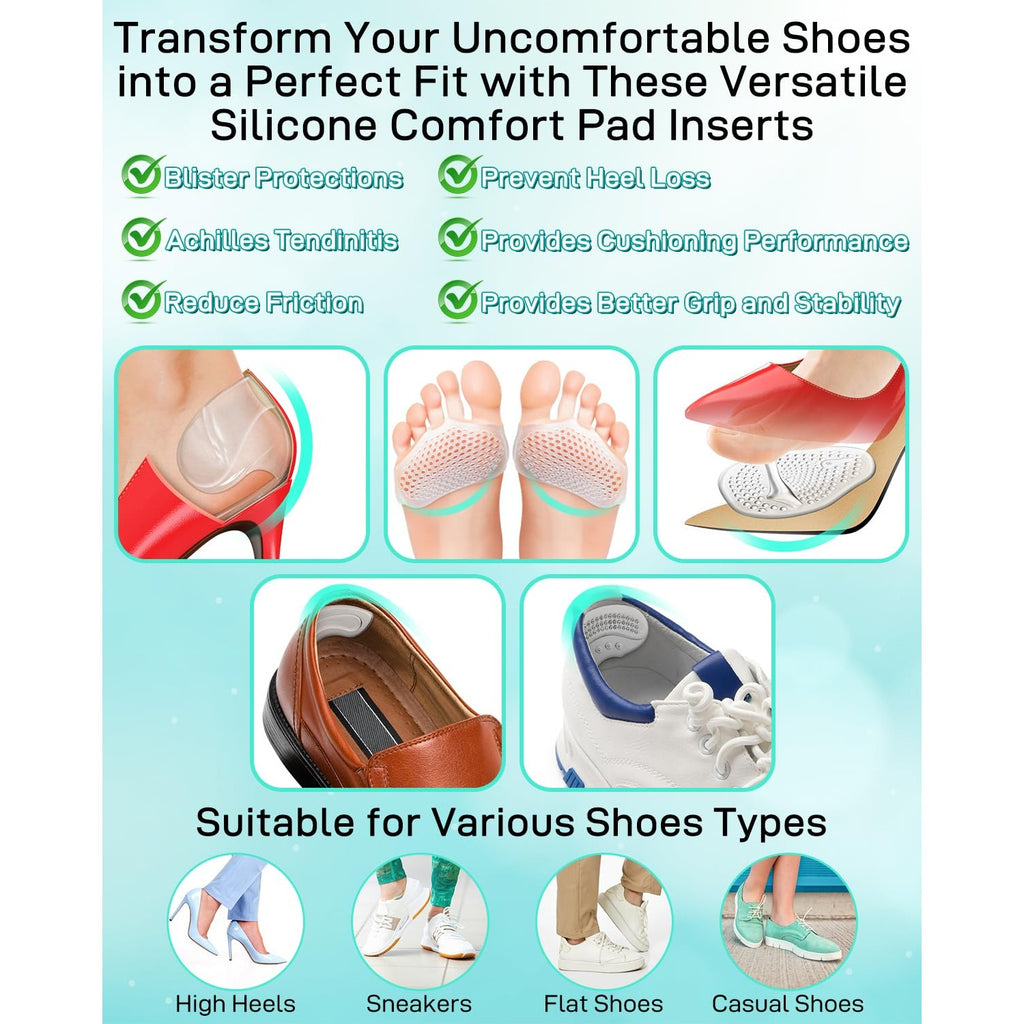 10PCS High Heel Comfort Pad Inserts, Silicone Shoe Cushion Insoles Heel Grips Liner Metatarsal Pads for Women Shoes Too Big, Prevent Rubbing Blisters, Self Adhesive, Clear
