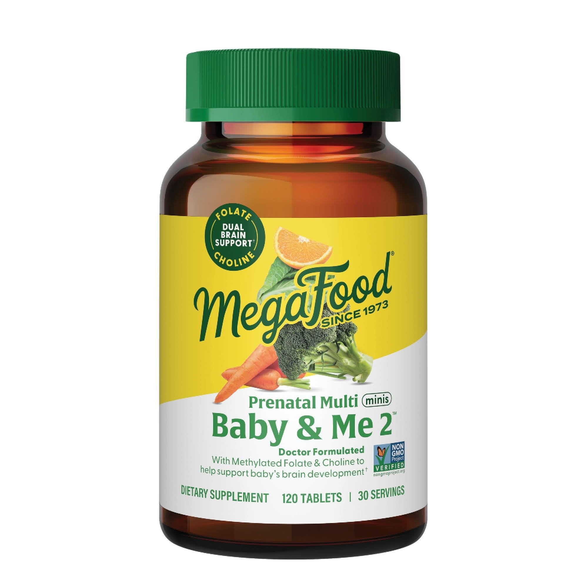 MegaFood Baby & Me 2 Prenatal Vitamins, Doctor Formulated, 120 Mini Tablets | Prenatal Vitamins for Women with Methylfolate, Choline, Iron, Iodine, Vitamin C & D3, Non-GMO, Vegetarian, 60 Servings