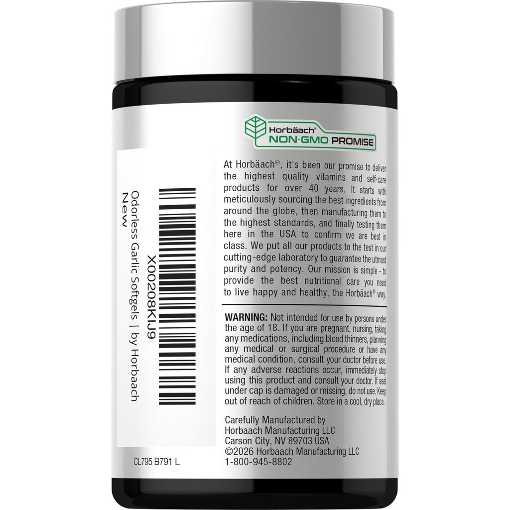 Horbäach Odorless Garlic Softgel Supplement | 200 Pills | Ultra Potent Concentrated Herbal Extract | Non-GMO & Gluten Free