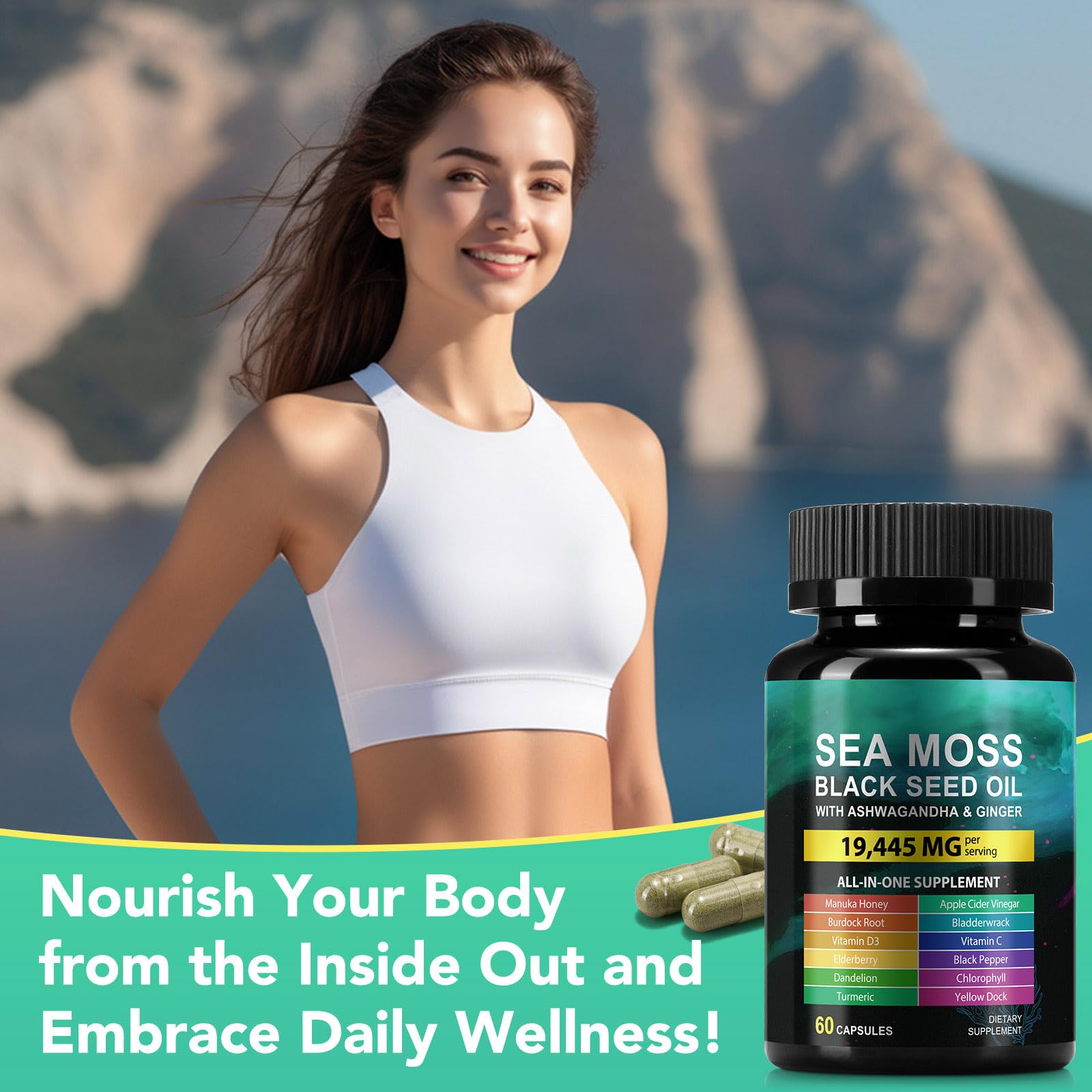 Sea Moss Black Seed Oil Ashwagandha Ginger, Sea Moss Capsule Supplement with Turmeric Burdock Root Bladderwrack Vitamin C Vitamin D3 Enhanced Immunity & Energy Black Seed Oil Capsule 60 Count