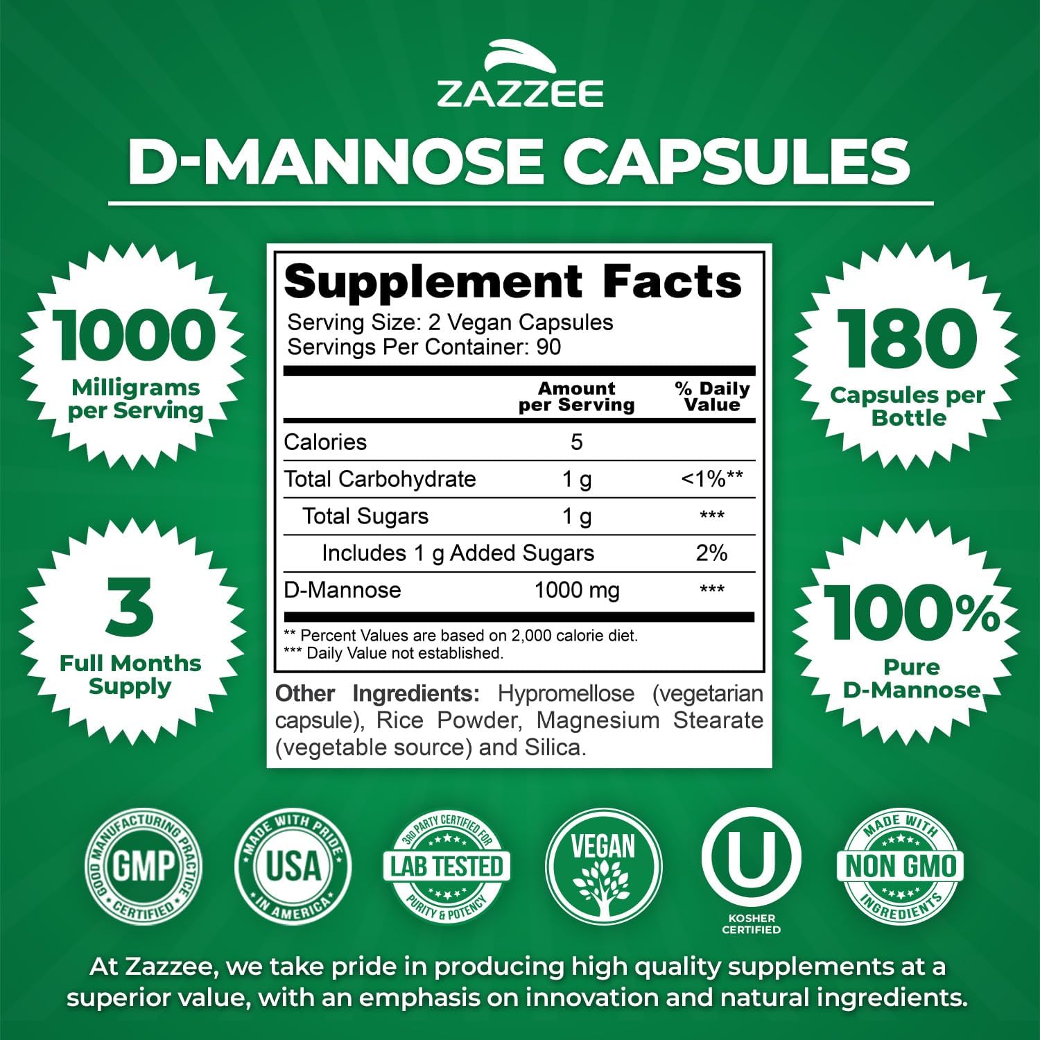 Buy now Zazzee D-Mannose, 1000 mg per Serving, 180 Vegan Capsules, 3 Month Supply, Potent & Fast-Acting, Certified Kosher, 100% Pure, All-Natural Urinary Tract Health Support, 100% Vegetarian, Non-GMO at indiglob india