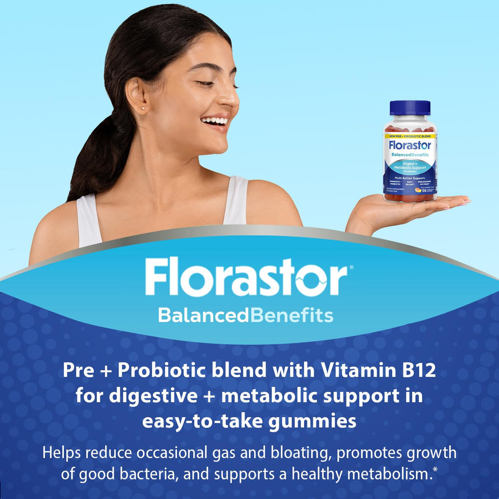 Florastor Prebiotic and Probiotic Gummies with Vitamin B12, 56 Gummies | Digestive and Metabolic Support Blend for Multi-Action Care, Probiotic Gummies for Women and Men