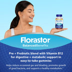 Florastor Prebiotic and Probiotic Gummies with Vitamin B12, 56 Gummies | Digestive and Metabolic Support Blend for Multi-Action Care, Probiotic Gummies for Women and Men