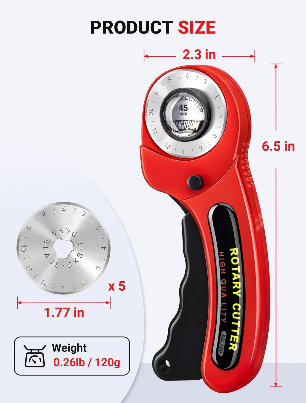 45mm Fabric Rotary Cutter with 5 Extra Blades, Ergonomic Handle
