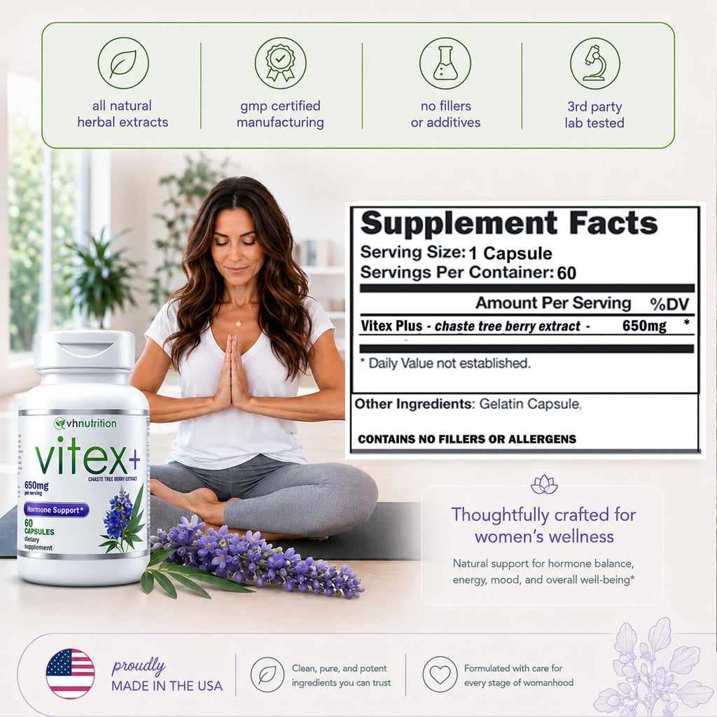 VH Nutrition VITEX+ | Vitex Chasteberry Supplement for Women | Hormonal Balance* and Fertility Support* | 650mg Per Serving of Vitex Berry Extract Powder | 60 Capsules
