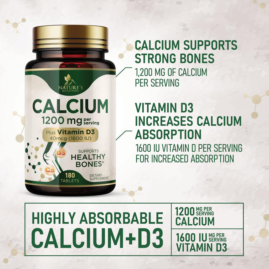 Calcium 1200 mg with Vitamin D3 - Bone Health Supplement, Vitamin D & Calcium Supplements for Women & Men - Bone Strength, Teeth & Immune Support, Nature's Calcium Pills, Bottled in USA - 180 Tablets