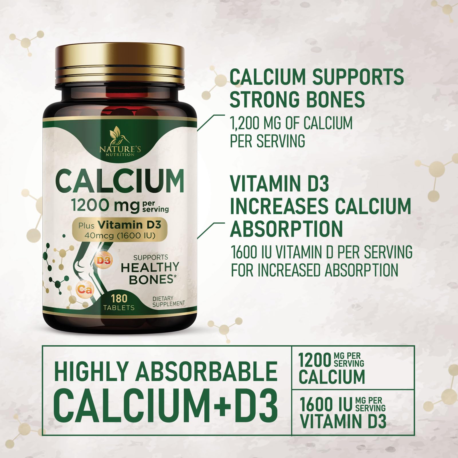 Calcium 1200 mg with Vitamin D3 - Bone Health Supplement, Vitamin D & Calcium Supplements for Women & Men - Bone Strength, Teeth & Immune Support, Nature's Calcium Pills, Bottled in USA - 180 Tablets