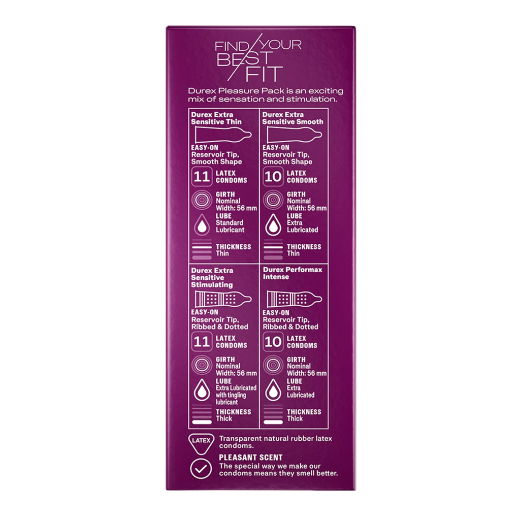 Durex Pleasure Pack Assorted Thin Condoms, Exciting Mix of Sensation and Stimulation, Lubricated Natural Rubber Latex Condoms for Men, 42 Count