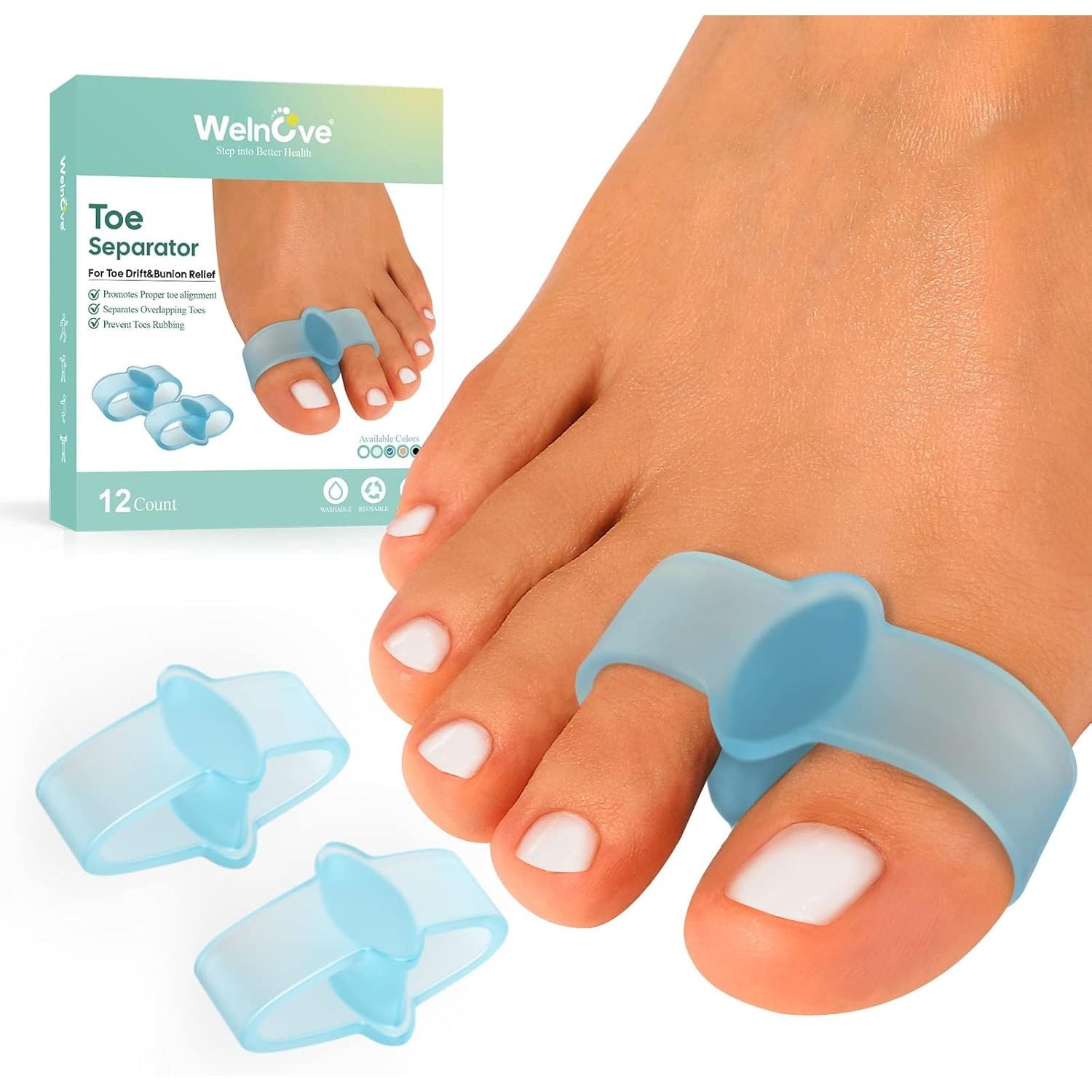 Buy now Welnove Pack of 12 Bunion Corrector, Toe Separators with 2 Loops, Big Toe Spacer Suitable for Bunion and Overlap Toe (White) Blue at indiglob india