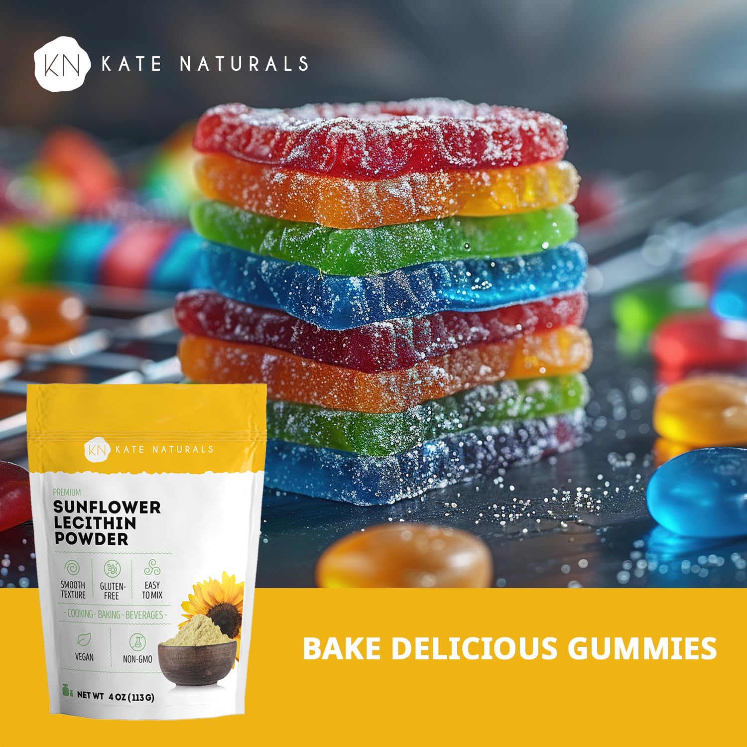 Kate Naturals Sunflower Lecithin Powder for Baking Bread & Cooking (4oz) | Non-GMO Substitute for Soy Lecithin Powder, Great for Making Gummies