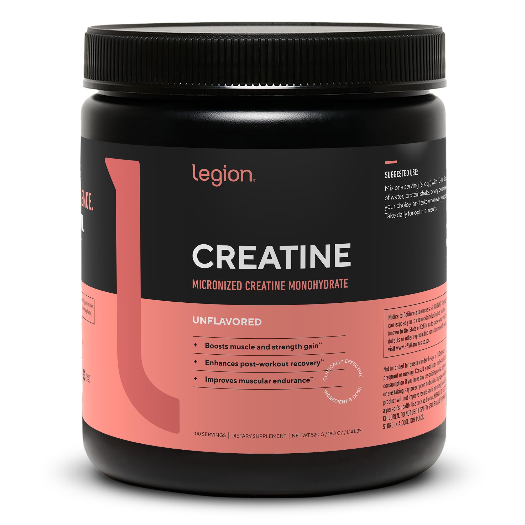LEGION Micronized Creatine Monohydrate Supplement - Clean Creatine Powder for Muscle Gain & Post Workout Recovery - Micronized Creatine Supplement for Maximum Absorption (60 Servings, Unflavored)