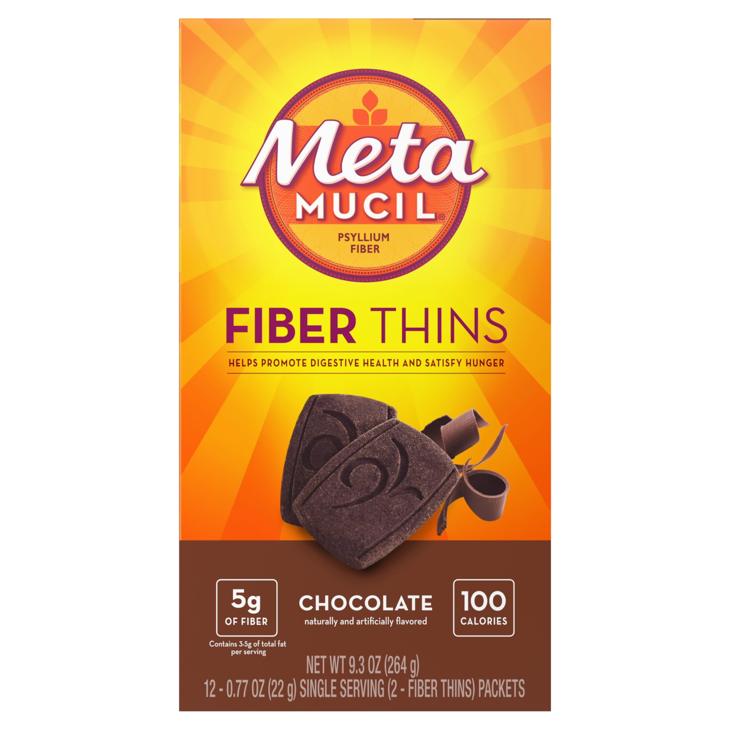 Metamucil, Fiber Thins, Daily Psyllium Husk Fiber Supplement, Supports Digestive Health and Satisfies Hunger, Chocolate Flavor, 48 Total Servings (4 Packs of 12)