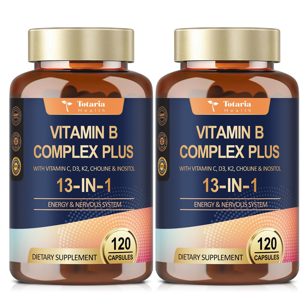 13-in-1 Vitamin B Complex Plus with Vitamin B1, B2, B3 (Niacinamide), B4, B5, B6, B7 (Biotin), B8 (Inositol), B9 (Folate), B12, C, D3, K2 - Energy, Nerve, Immune, Skin Support - 120 Vegan Capsules