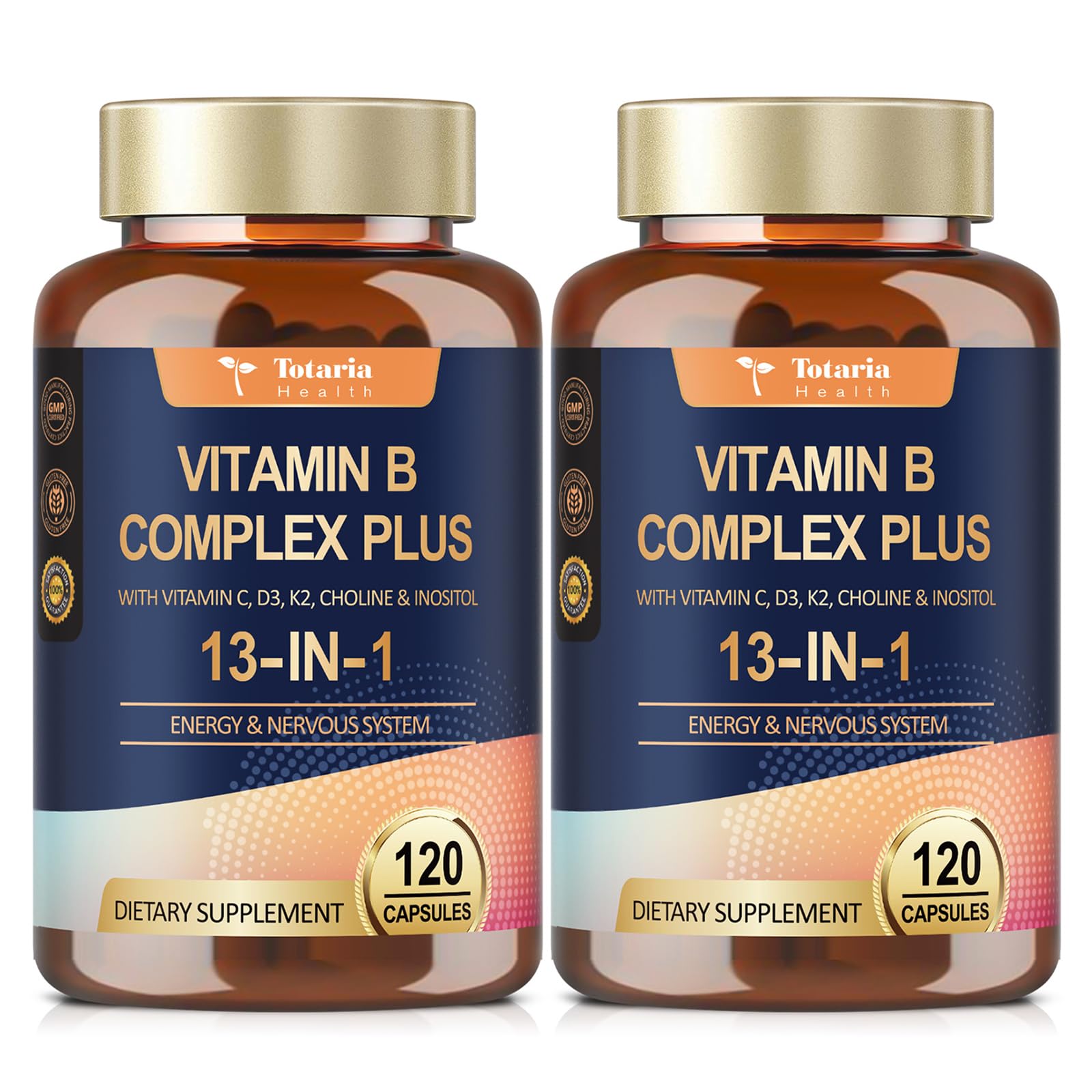 13-in-1 Vitamin B Complex Plus with Vitamin B1, B2, B3 (Niacinamide), B4, B5, B6, B7 (Biotin), B8 (Inositol), B9 (Folate), B12, C, D3, K2 - Energy, Nerve, Immune, Skin Support - 120 Vegan Capsules