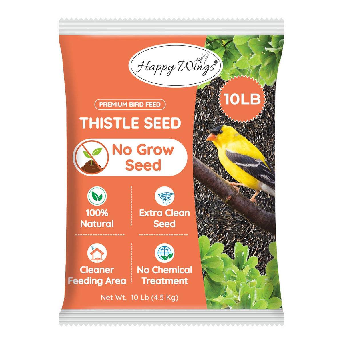 Happy Wings 10LB Thistle Seed Bird Food, 100% Natural, Extra Clean, No Grow